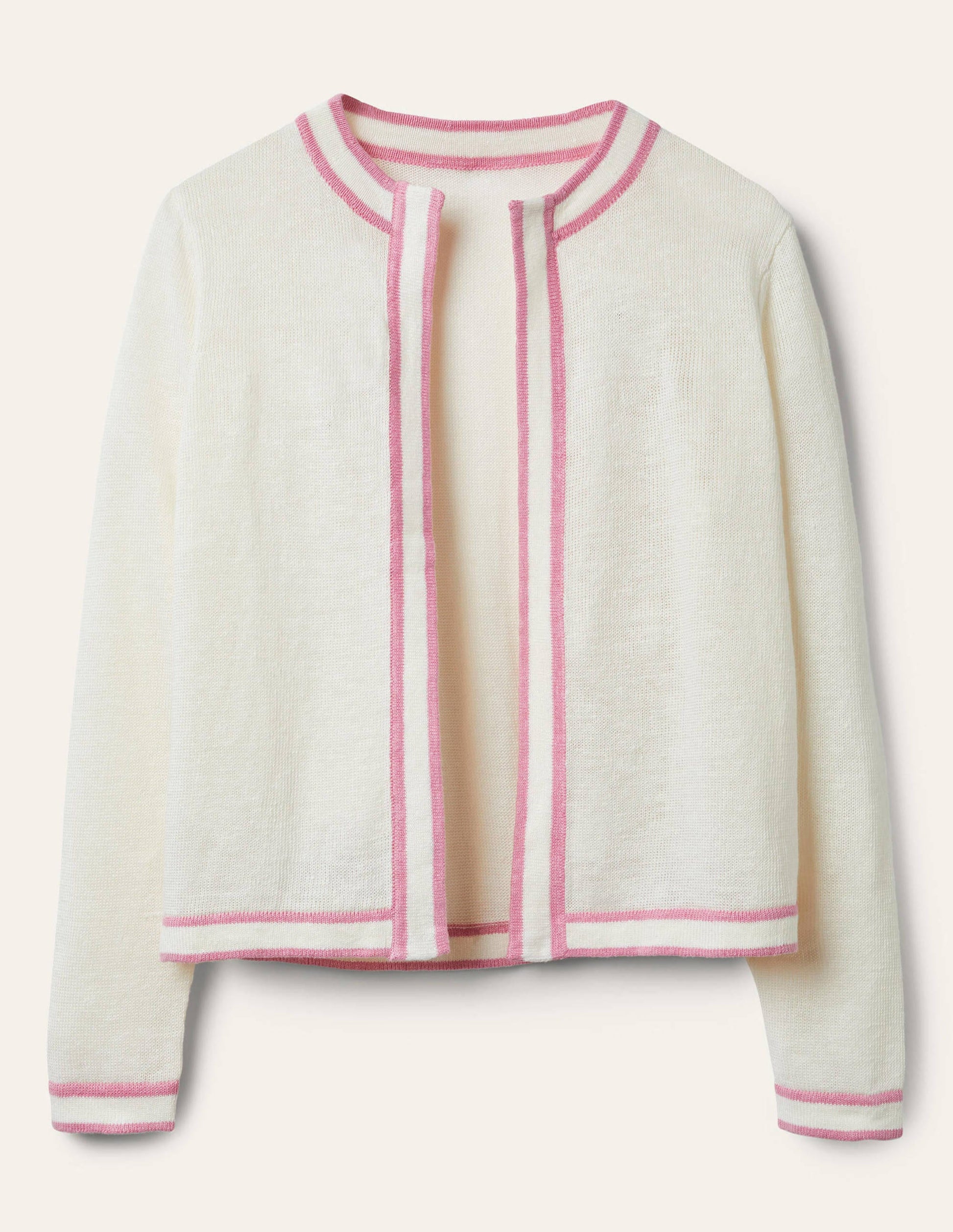 Stripe Trim Linen Cardigan-Ivory-5