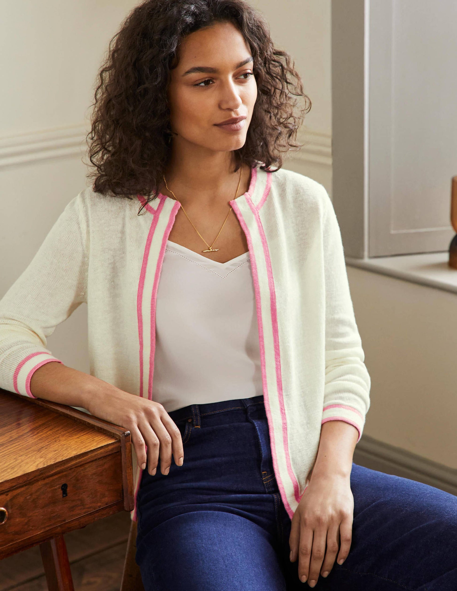 Stripe Trim Linen Cardigan-Ivory-1