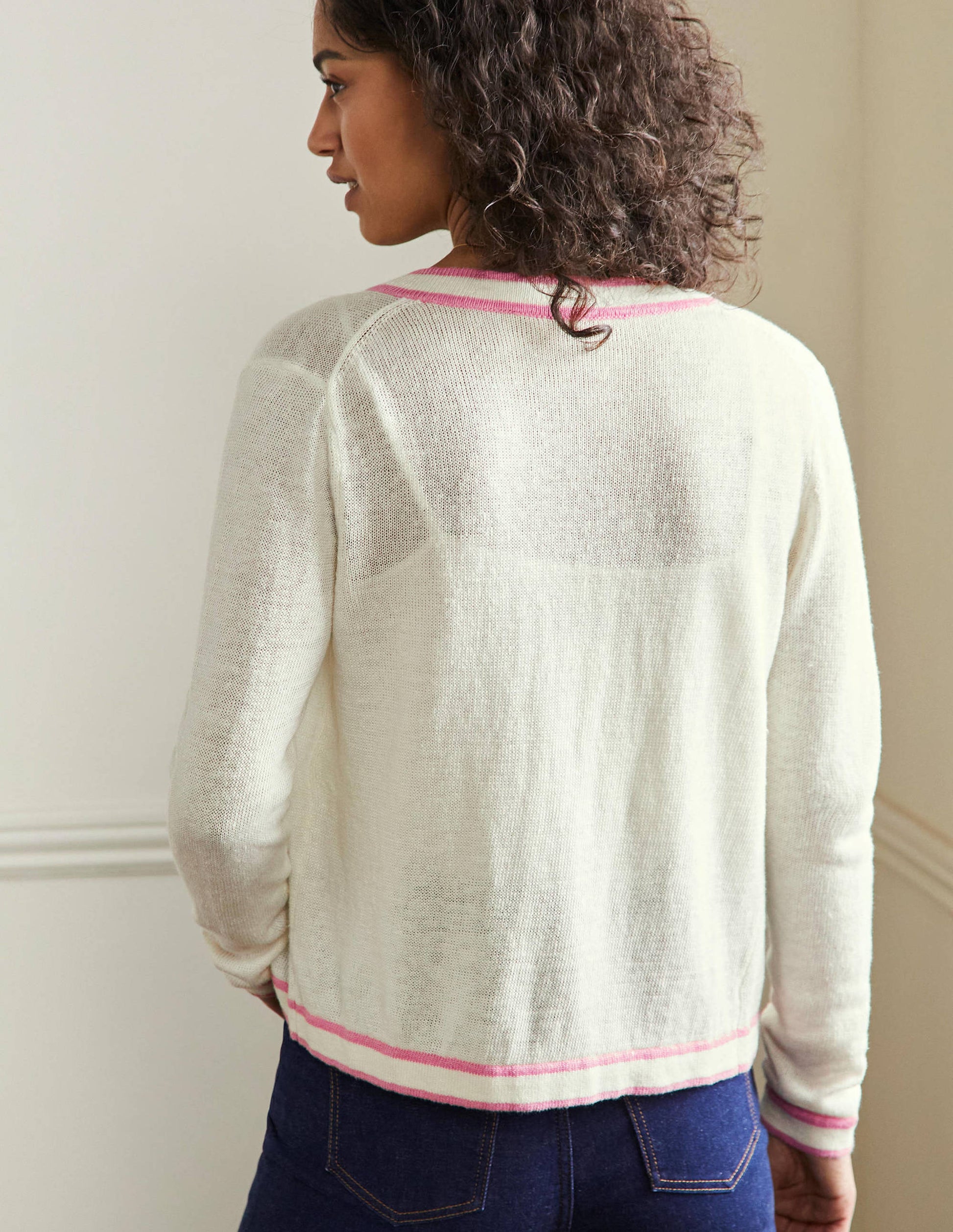Stripe Trim Linen Cardigan-Ivory-3