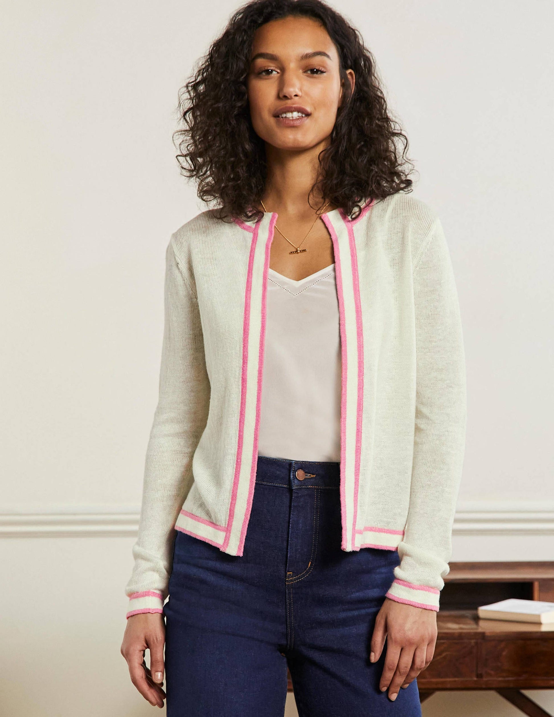 Stripe Trim Linen Cardigan-Ivory-4