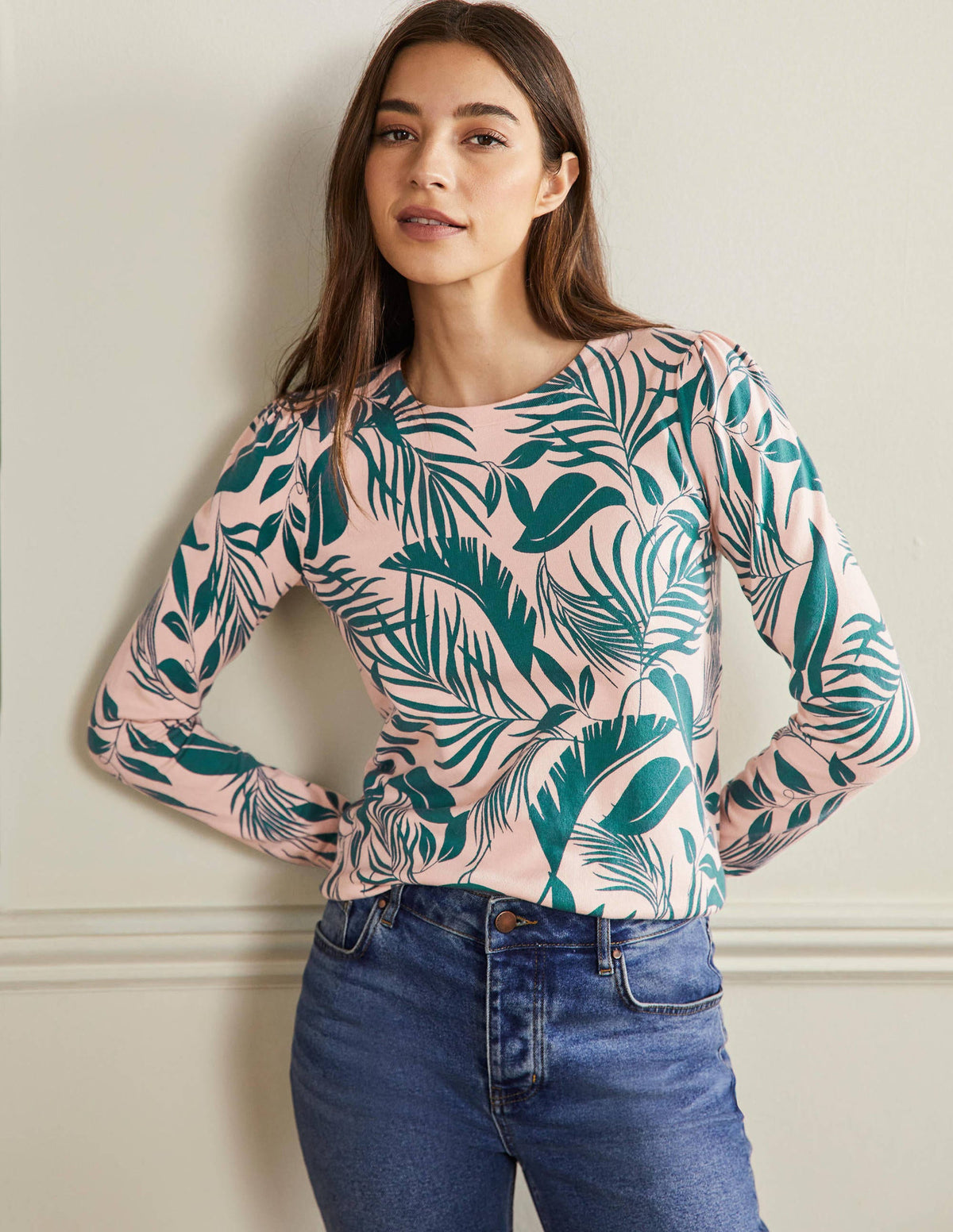 Cotton Crew Neck Sweater-Milkshake, Tropic Foliage - Image 1