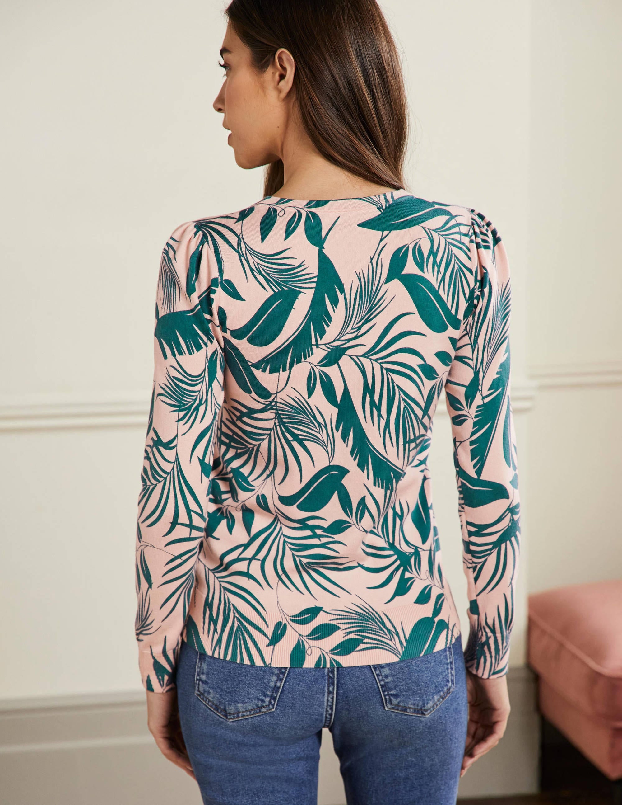 Cotton Crew Neck Sweater-Milkshake, Tropic Foliage - Image 3