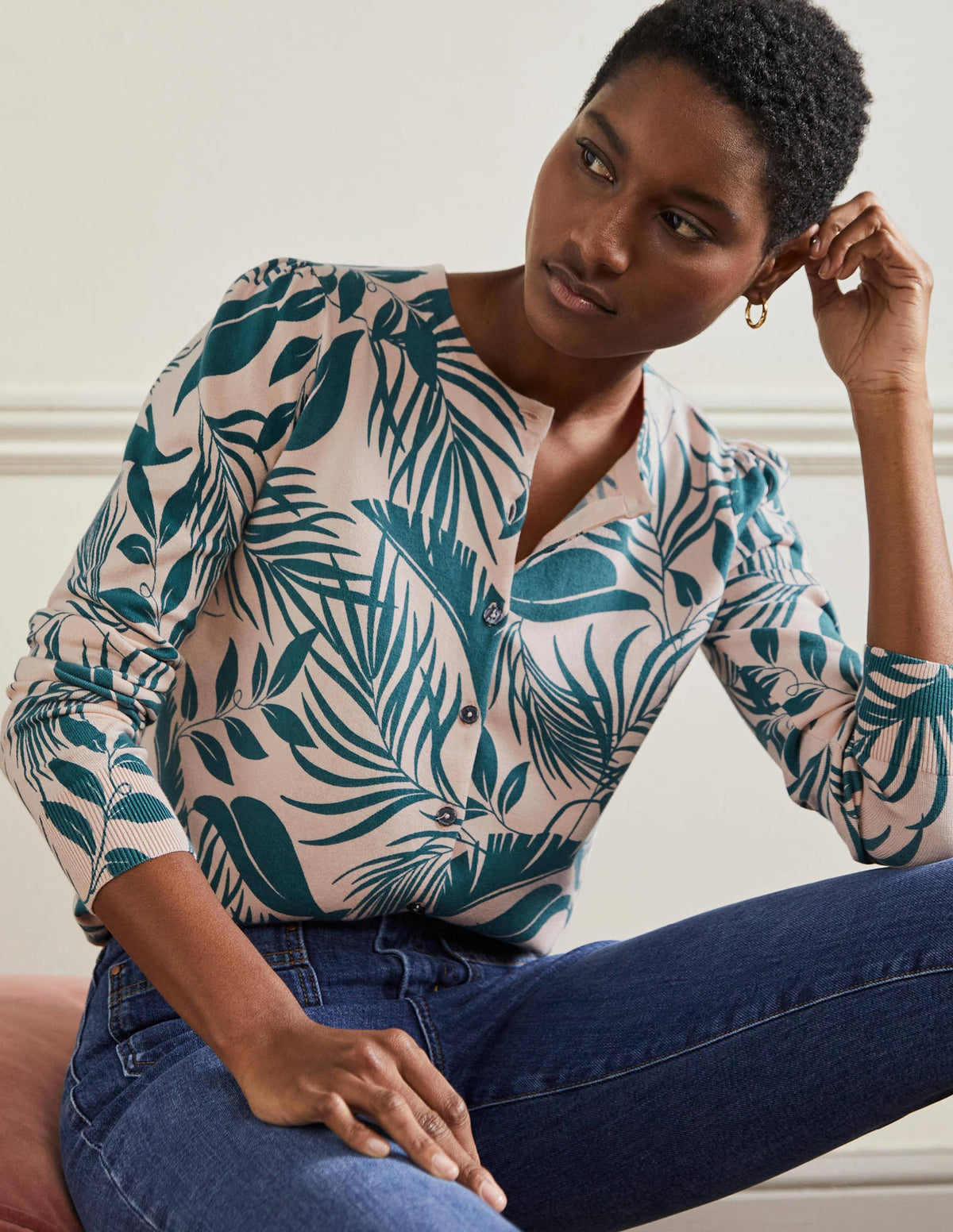 Cotton Crew Neck Cardigan-Milkshake, Tropic Foliage - Image 1