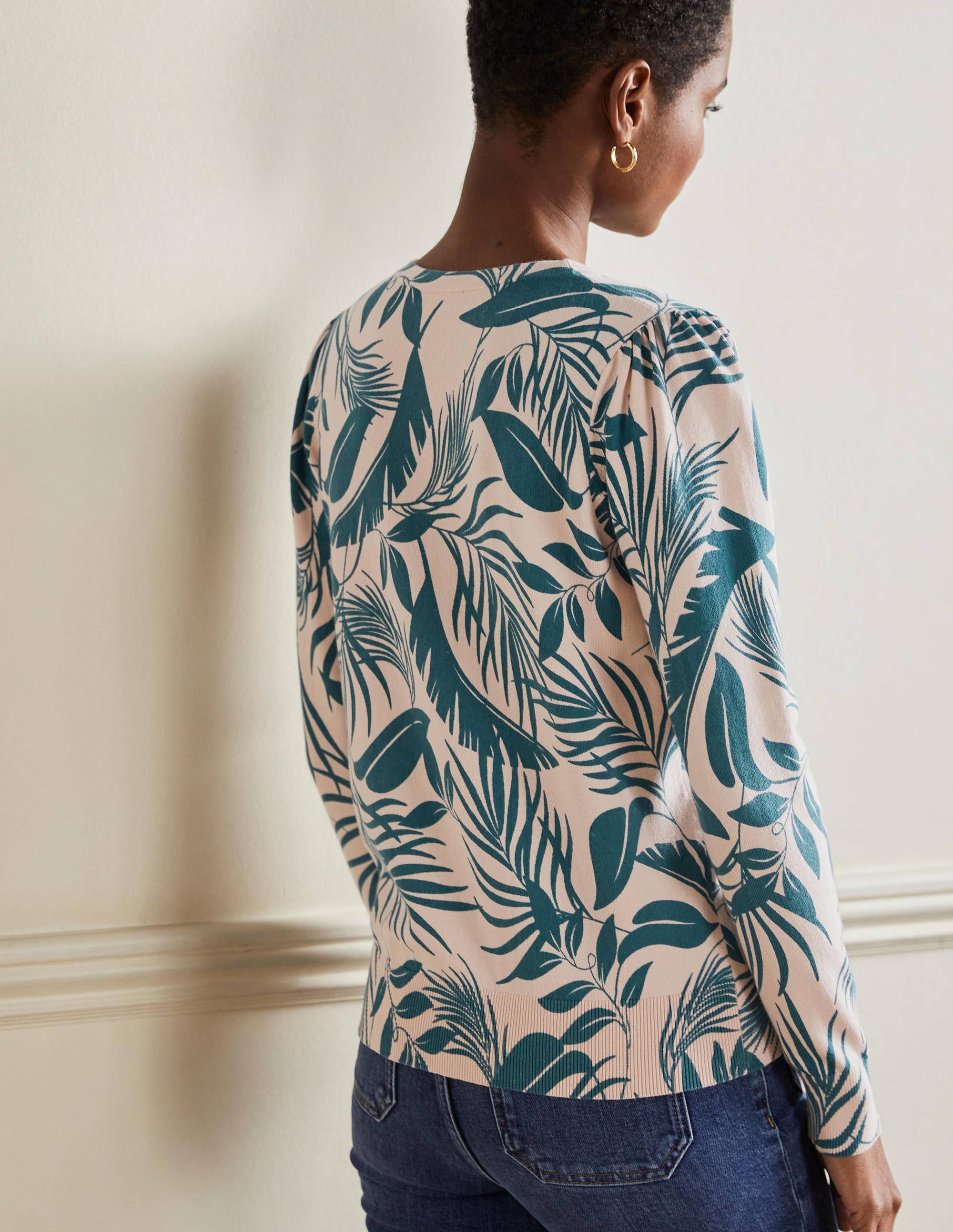 Cotton Crew Neck Cardigan-Milkshake, Tropic Foliage - Image 3