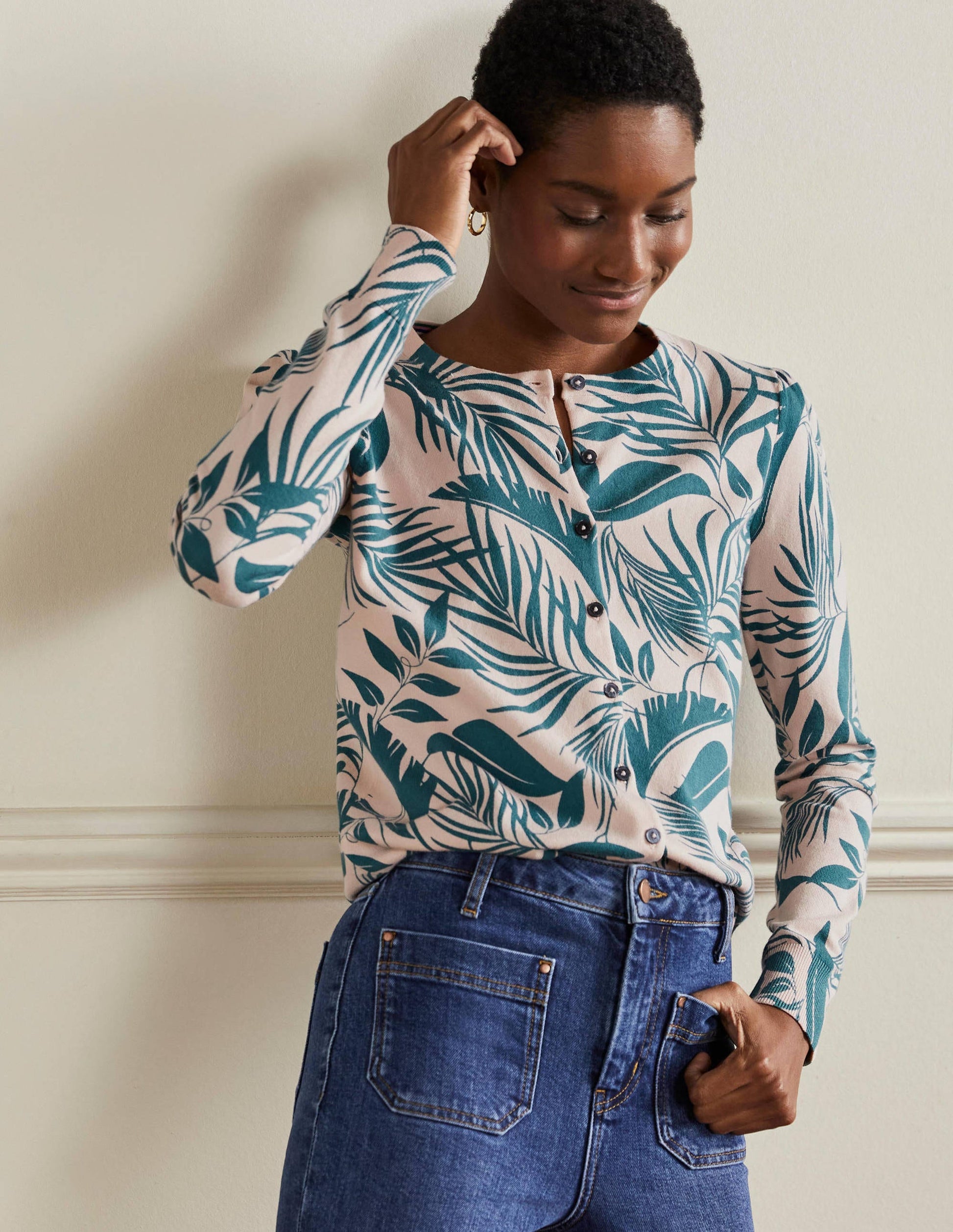 Cotton Crew Neck Cardigan-Milkshake, Tropic Foliage-4