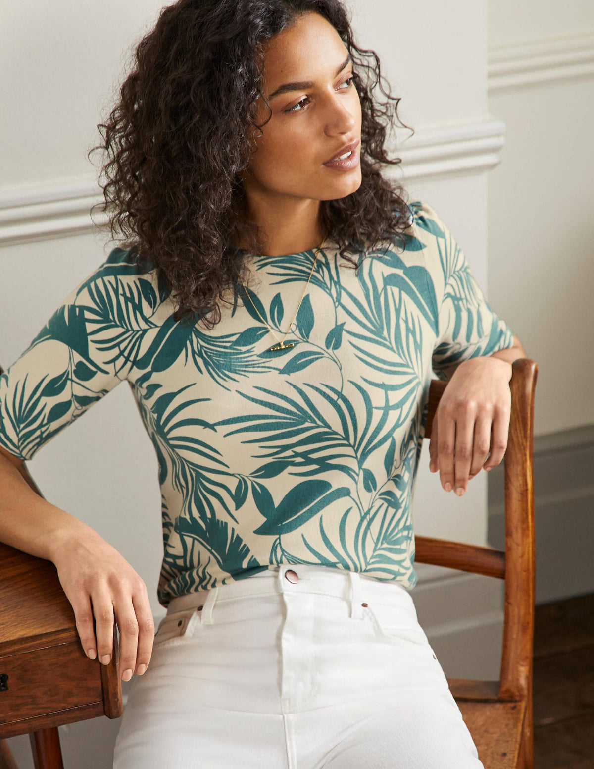 Cotton Crew Knitted Top-Milkshake, Tropic Foliage - Image 1