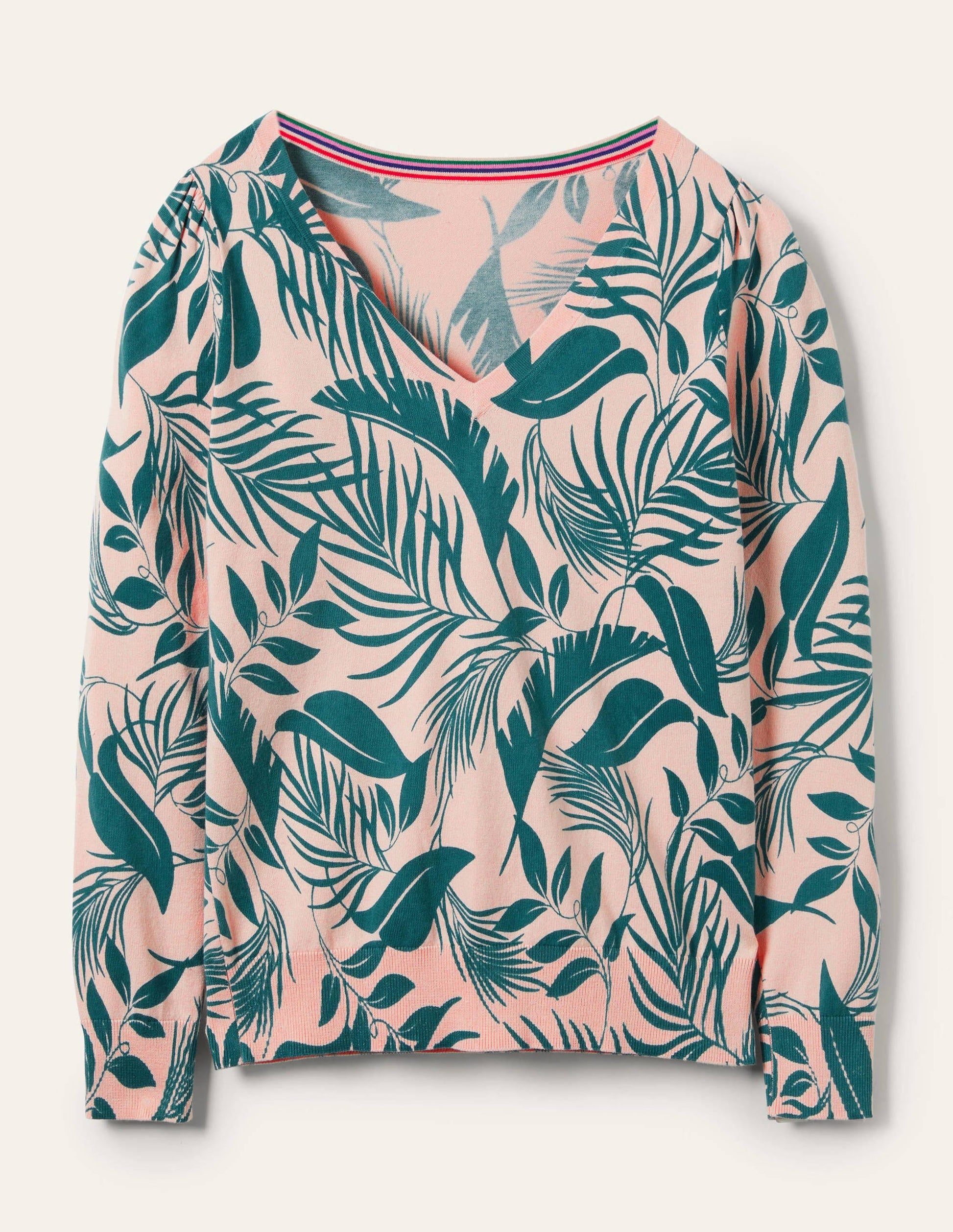 Cotton V-Neck Sweater-Milkshake, Tropic Foliage-5