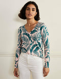 Cotton V-Neck Sweater-Milkshake, Tropic Foliage