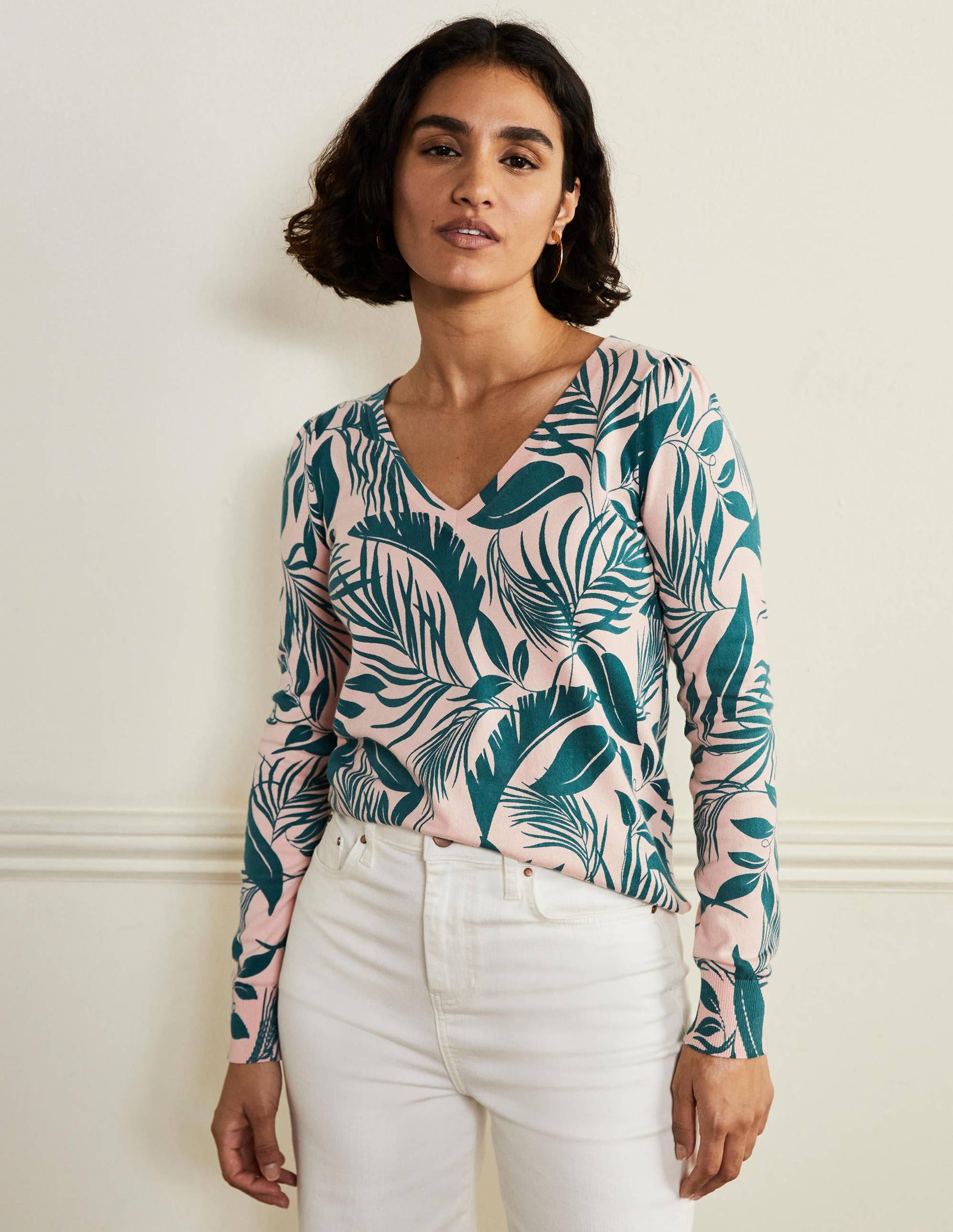 Cotton V-Neck Sweater-Milkshake, Tropic Foliage-1