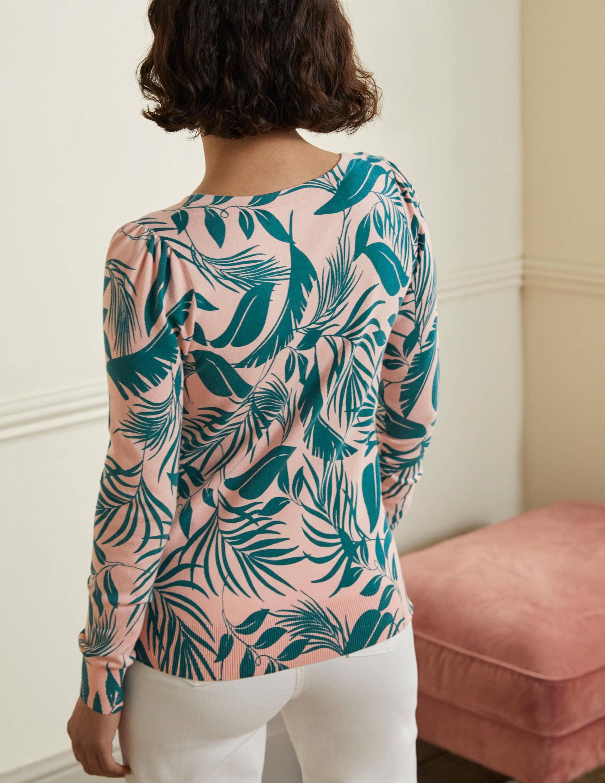 Cotton V-Neck Sweater-Milkshake, Tropic Foliage-3