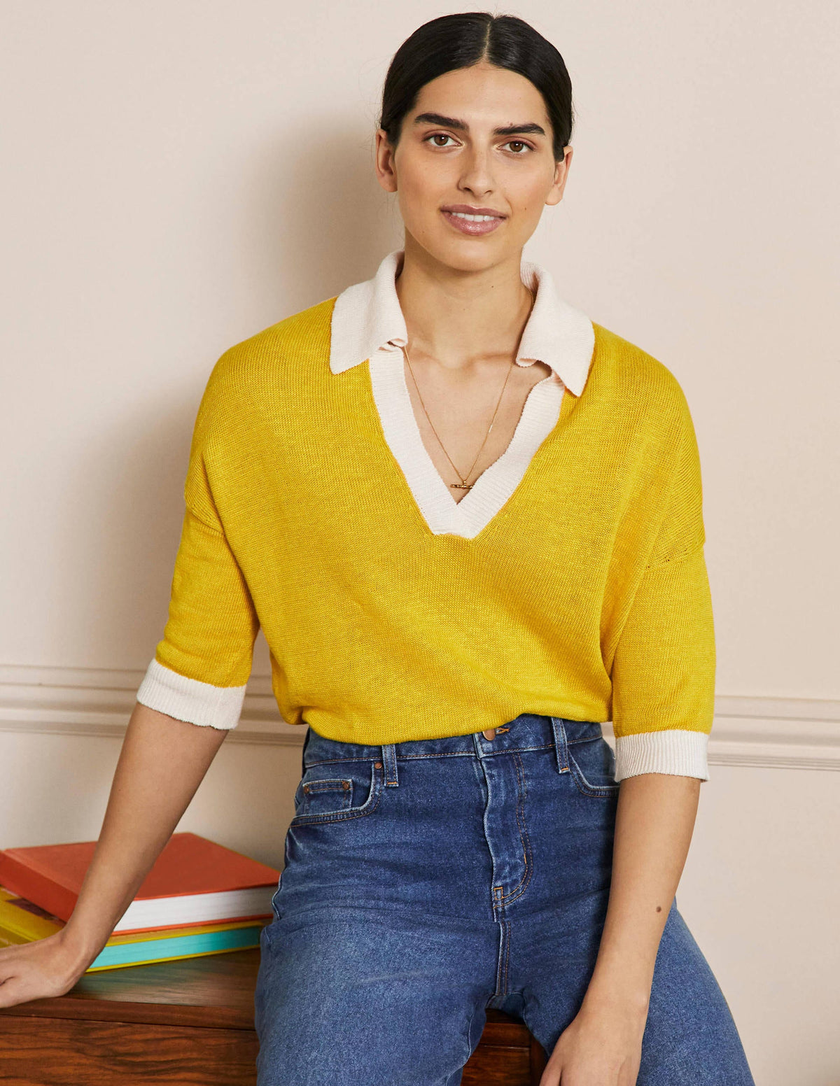 Linen Collared Sweater-Lemon Fizz, Ivory - Image 1