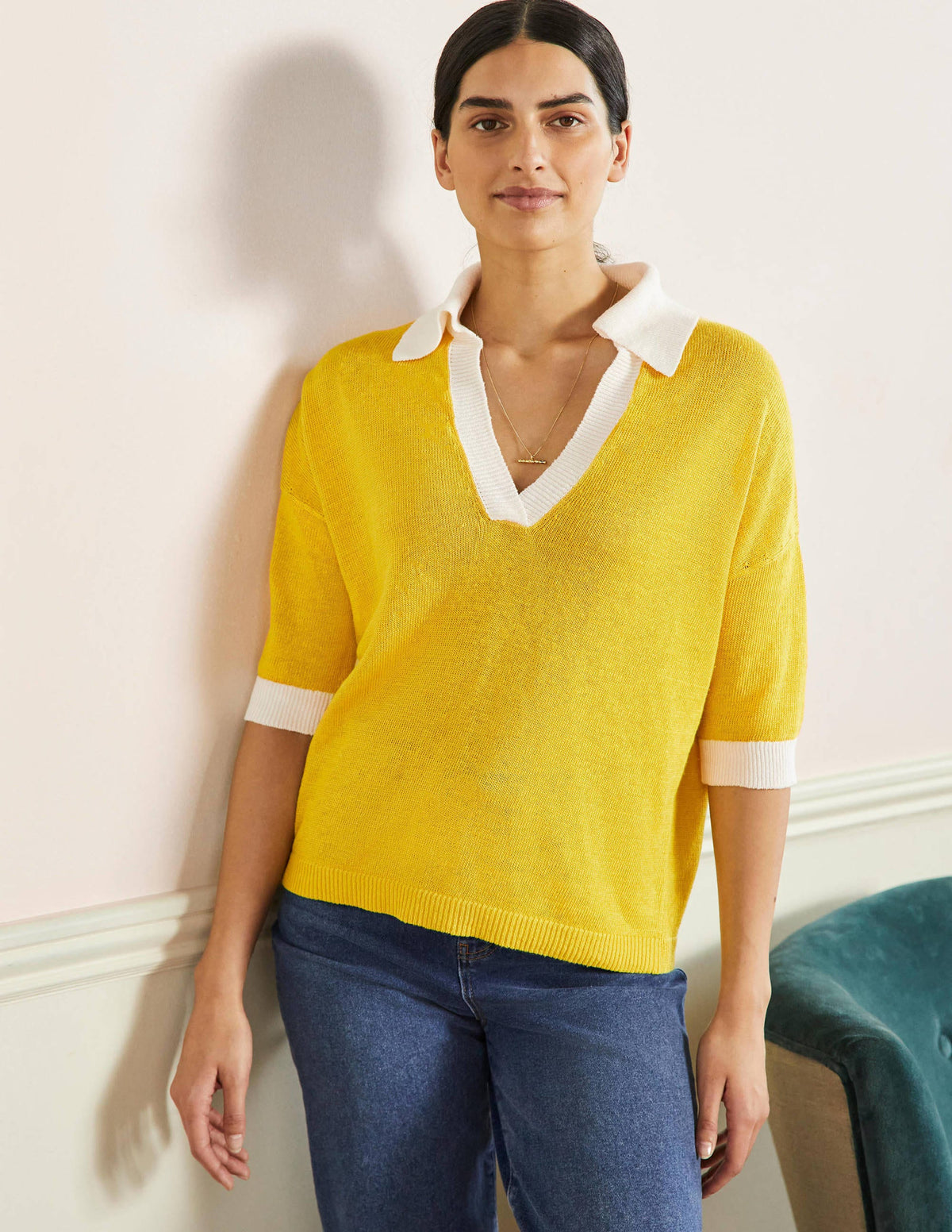 Linen Collared Sweater-Lemon Fizz, Ivory - Image 4