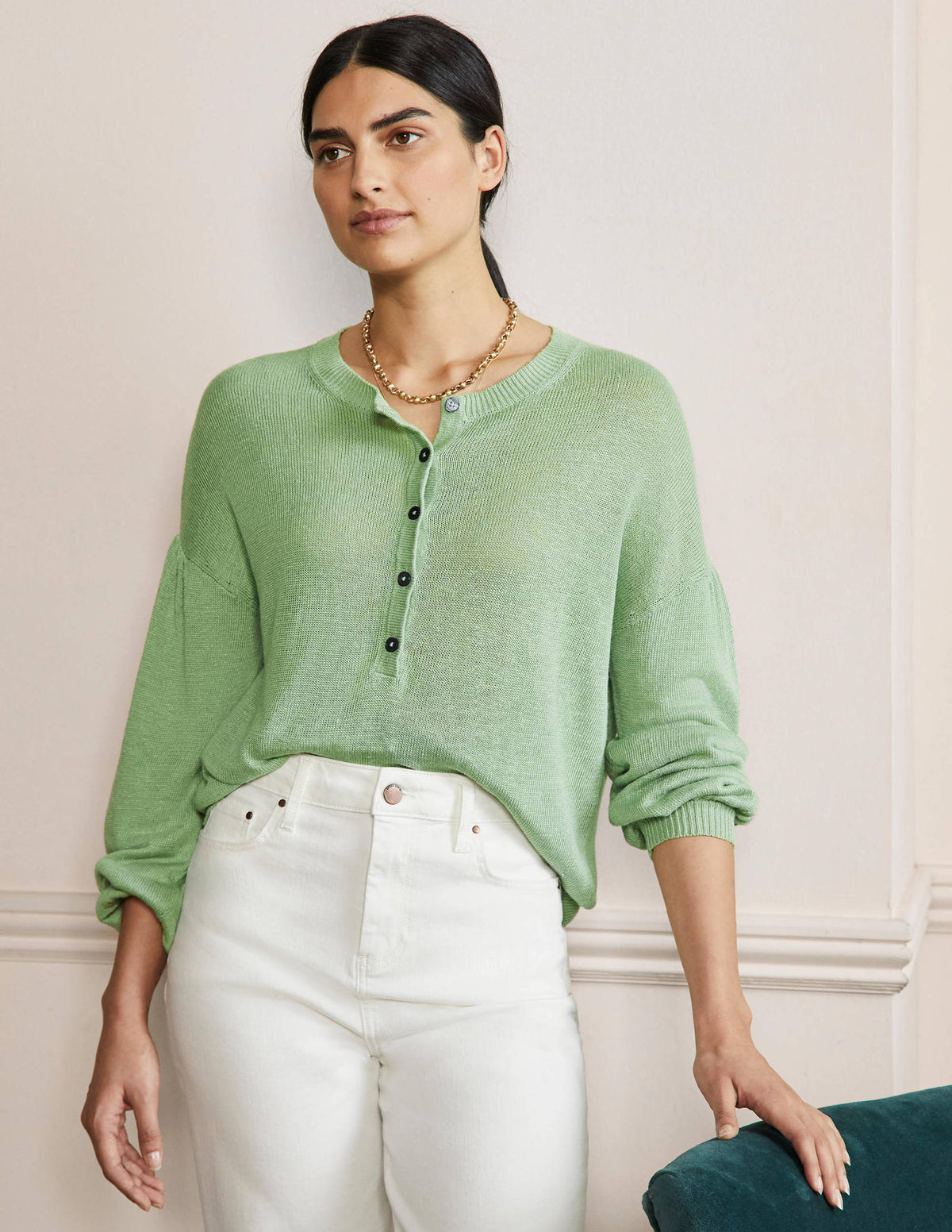 Leandra Linen Henley Sweater-Basil-1
