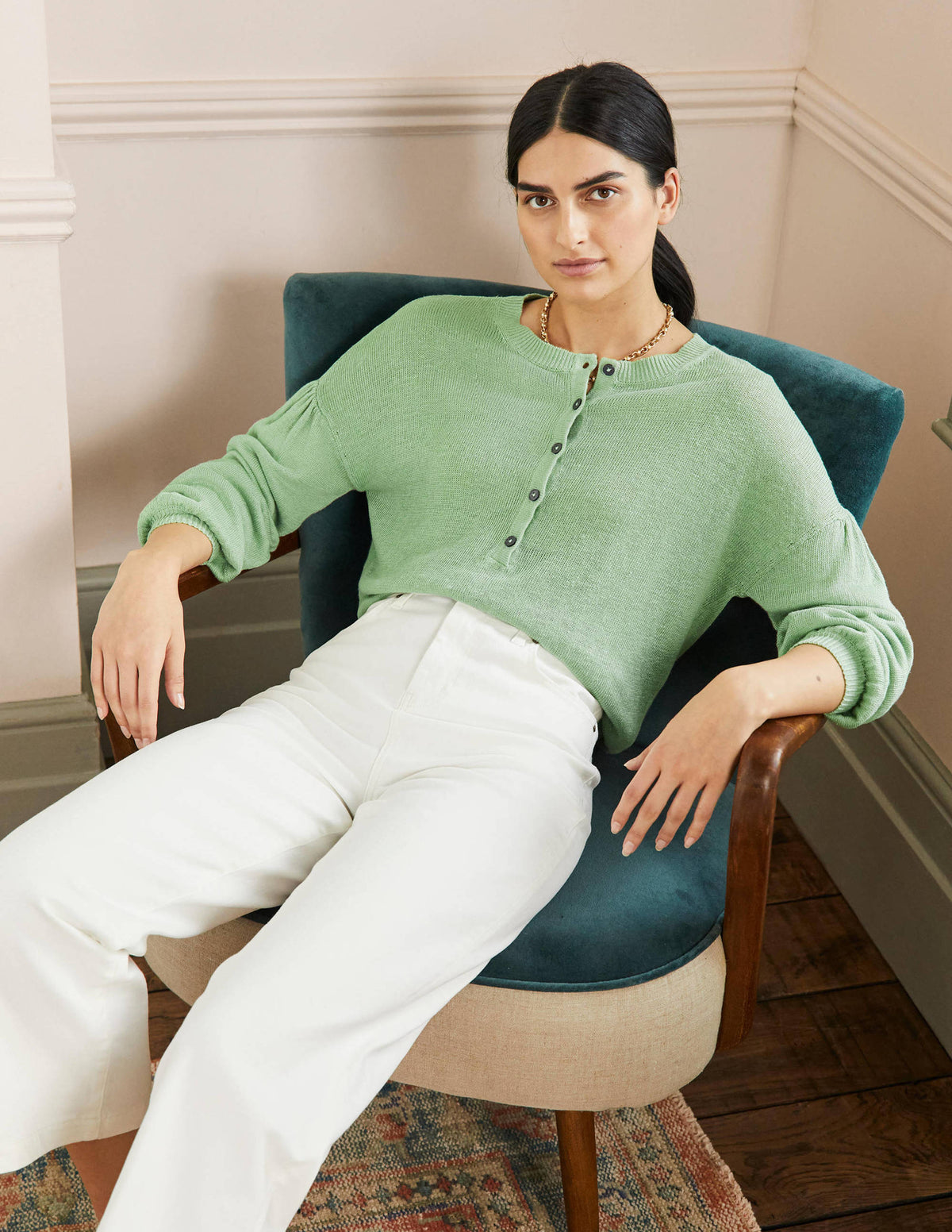 Leandra Linen Henley Sweater-Basil - Image 4
