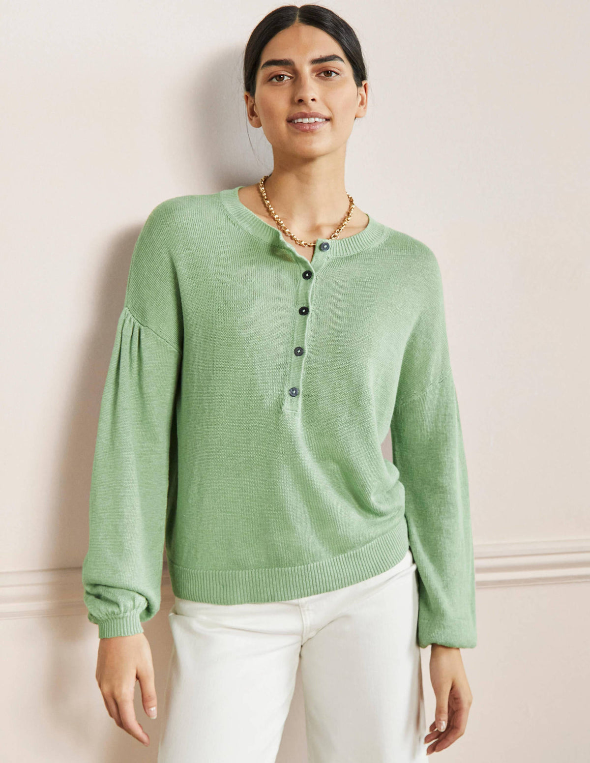 Leandra Linen Henley Sweater-Basil - Image 5