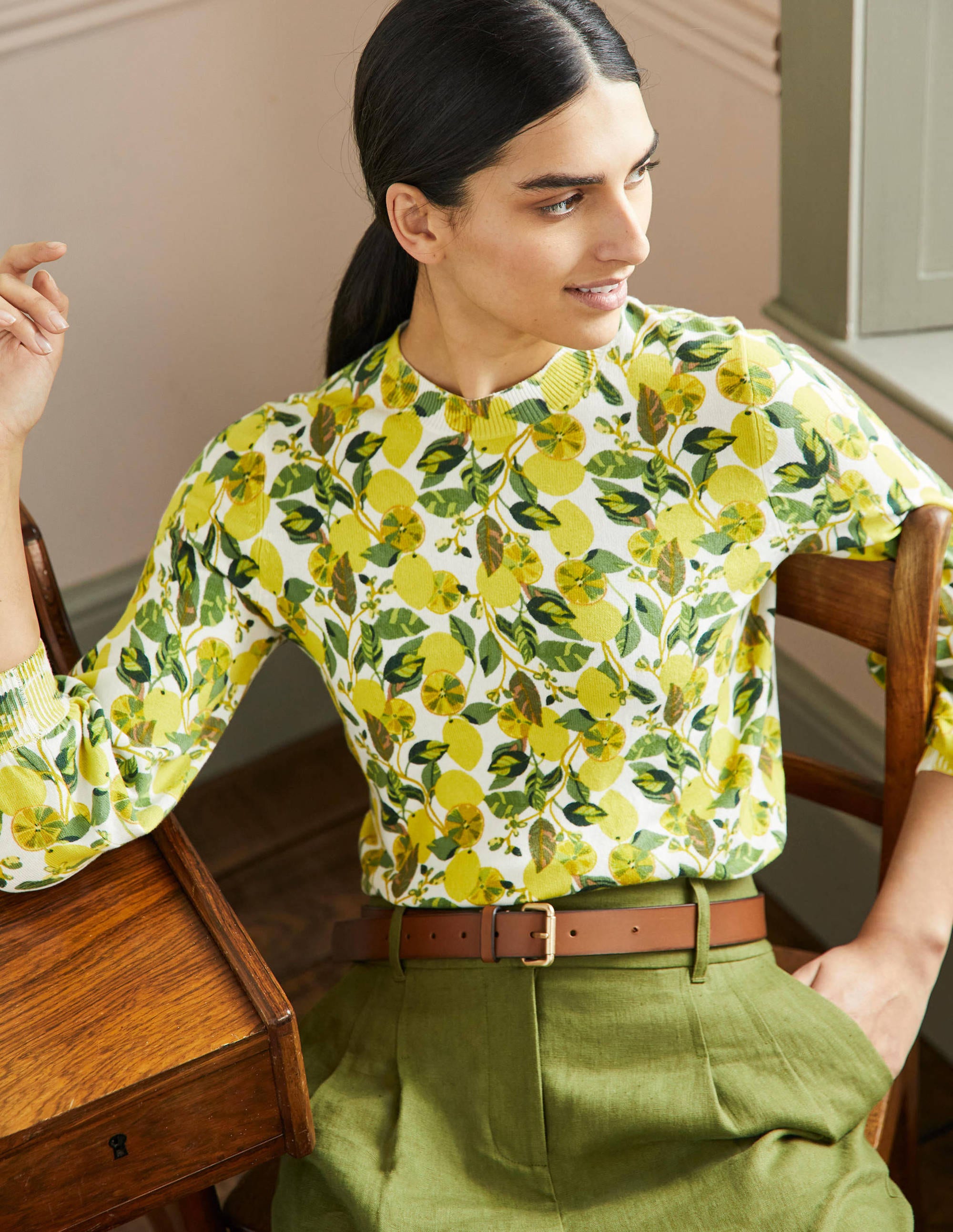 Printed Cotton Sweater-Ivory, Lemon Vine - Image 1