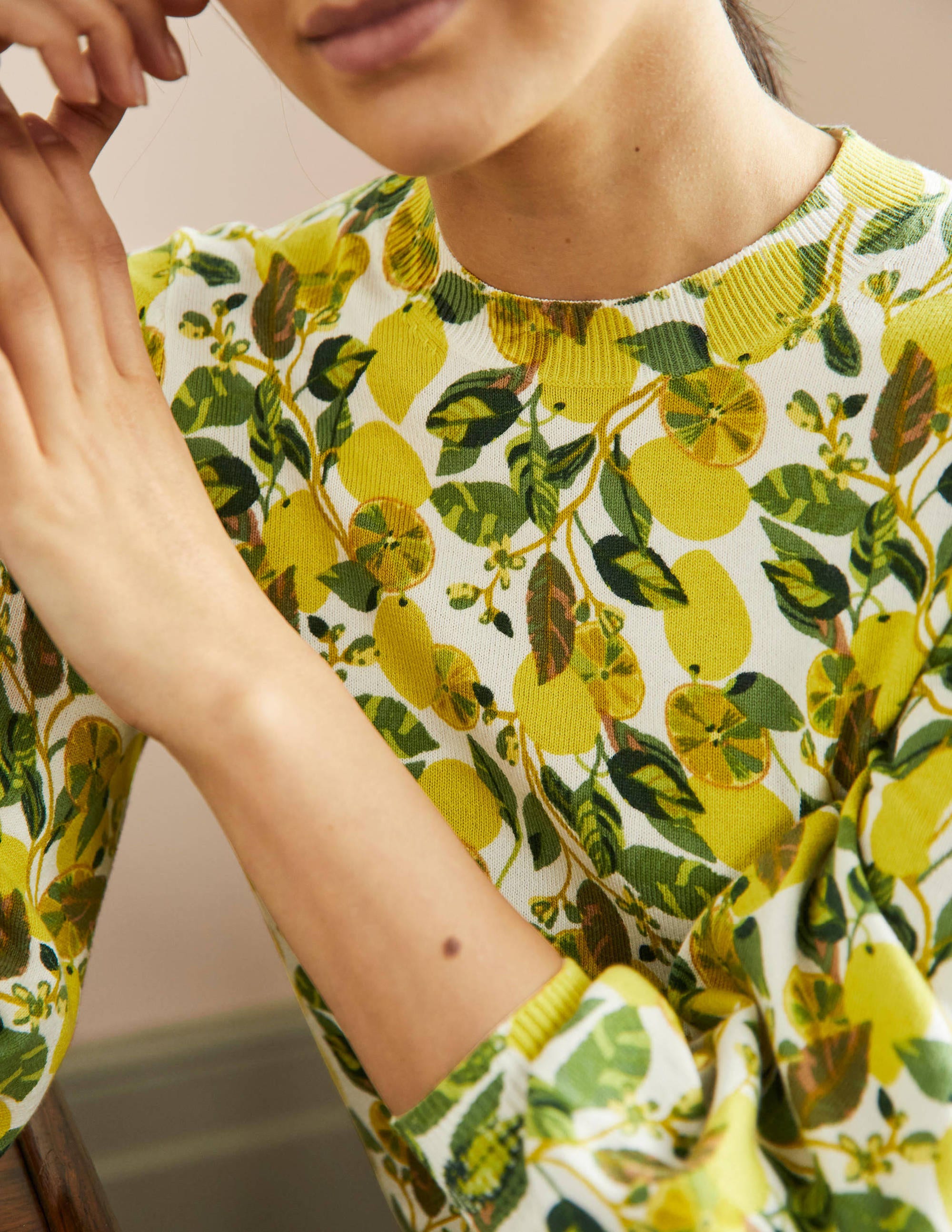 Printed Cotton Sweater-Ivory, Lemon Vine - Image 2