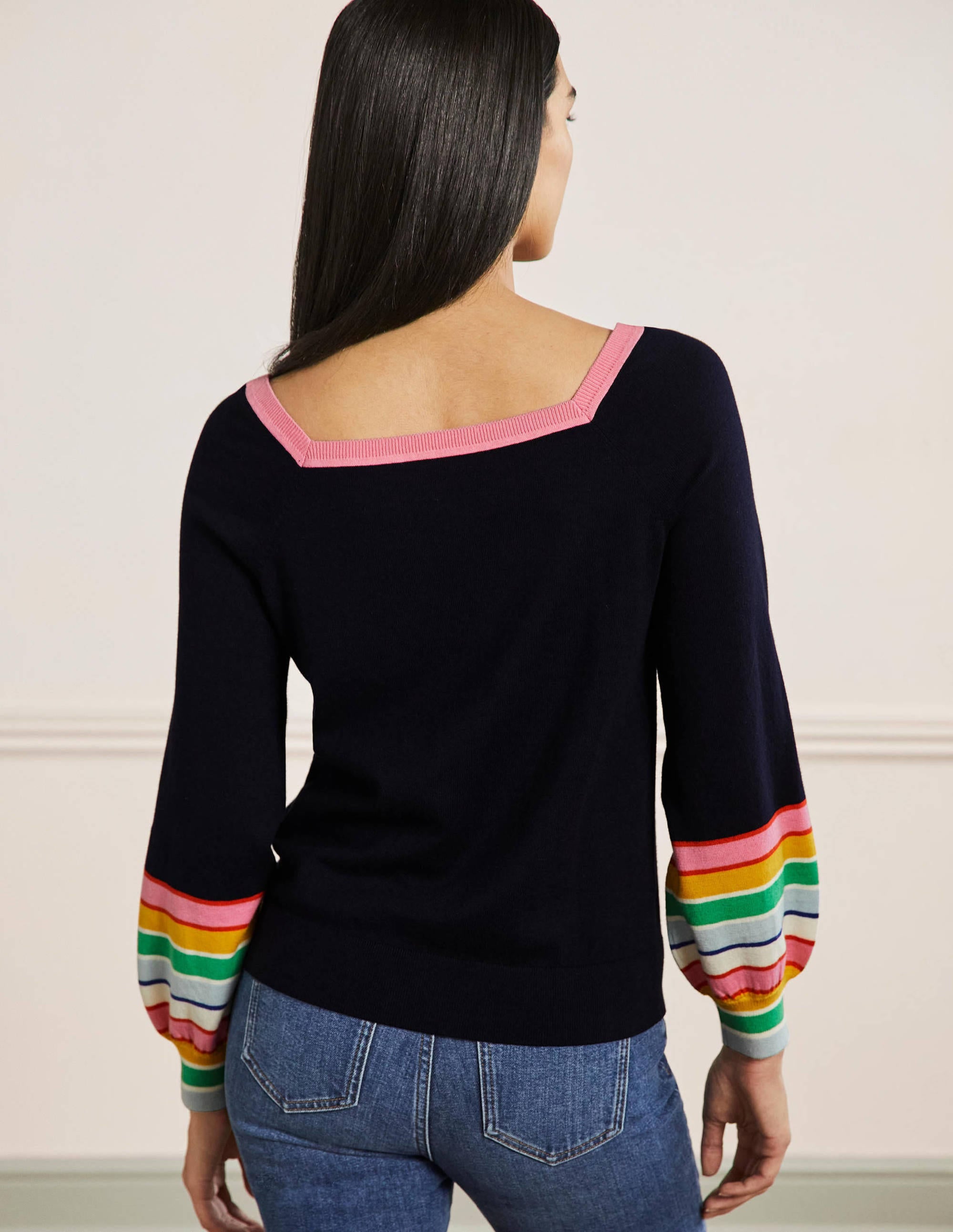 Striped Square Neck Sweater-Navy - Image 3