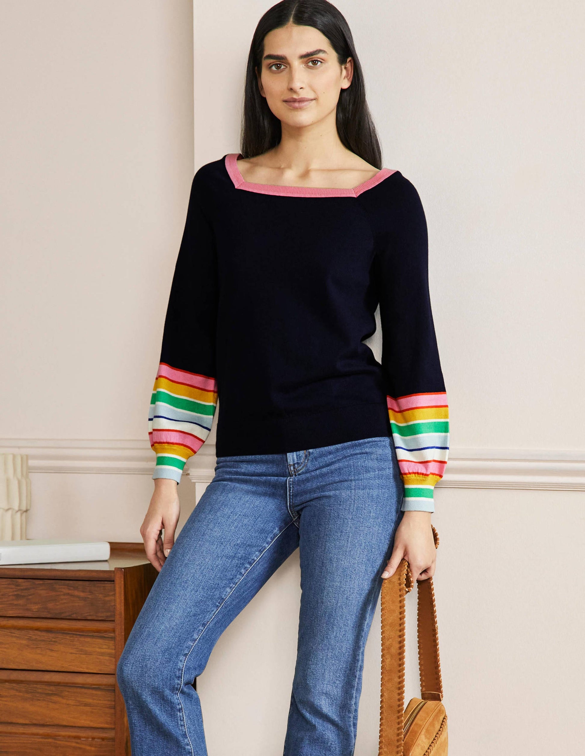 Striped Square Neck Sweater-Navy-4
