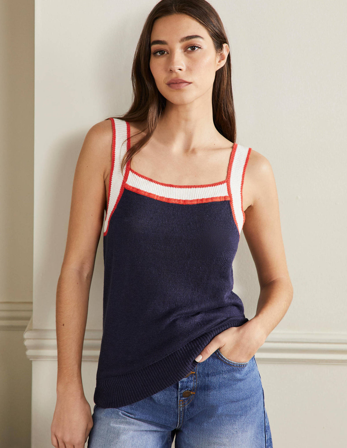 Square Neck Linen Tank-Navy-1