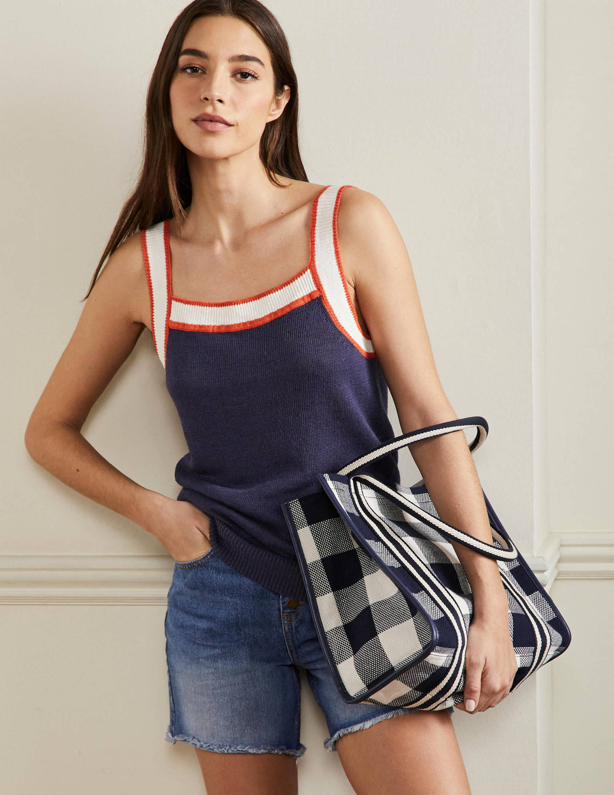 Square Neck Linen Tank-Navy - Image 4