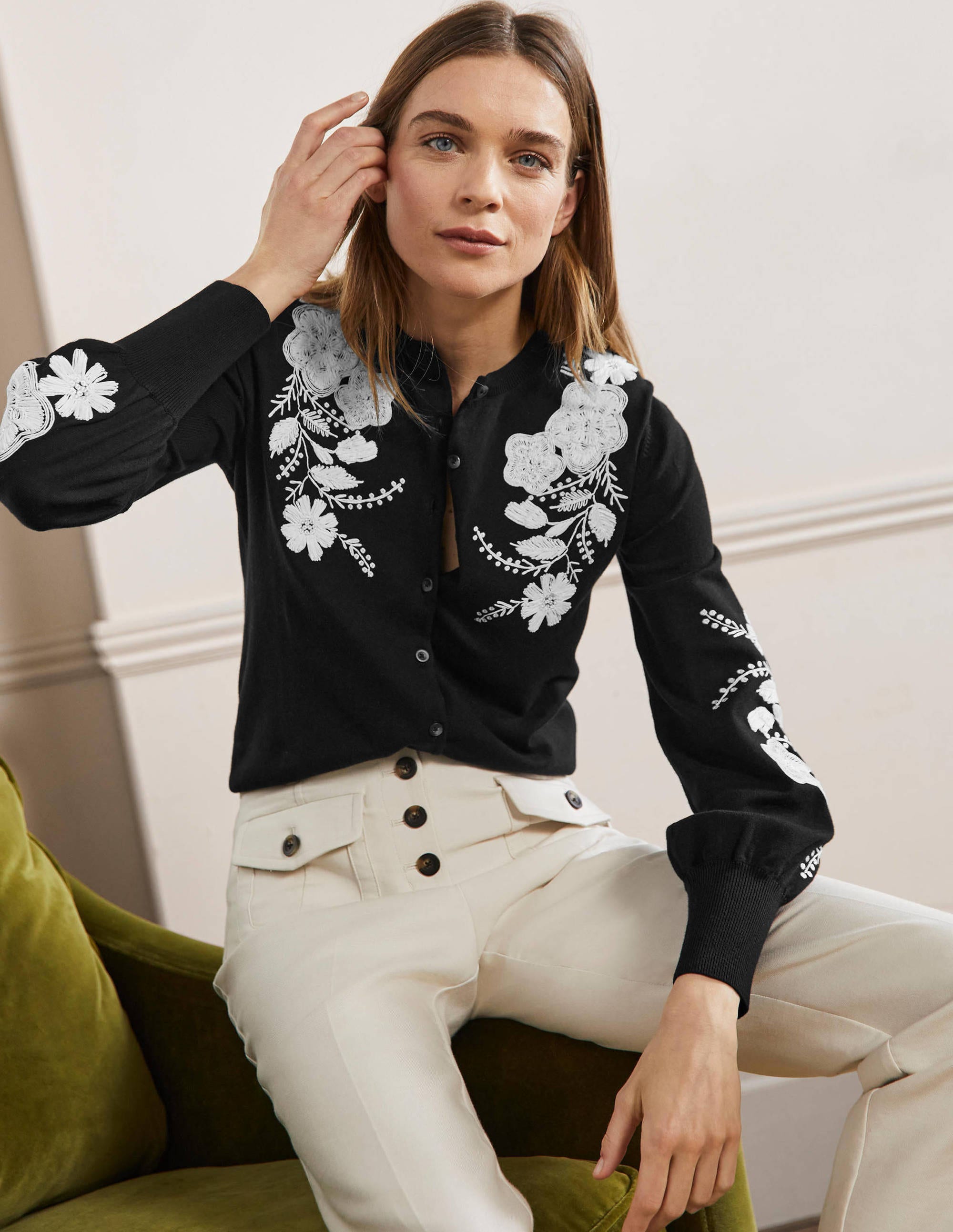 Embroidered Blouson Cardigan-Black - Image 1