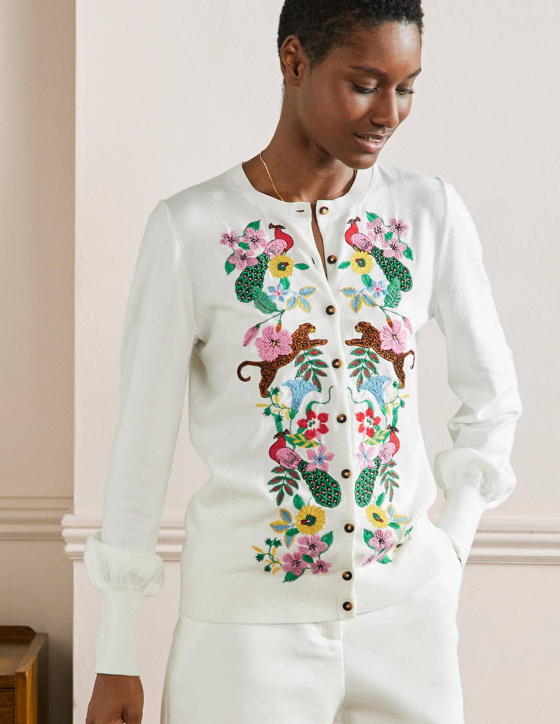 Embroidered Blouson Cardigan-Ivory-1