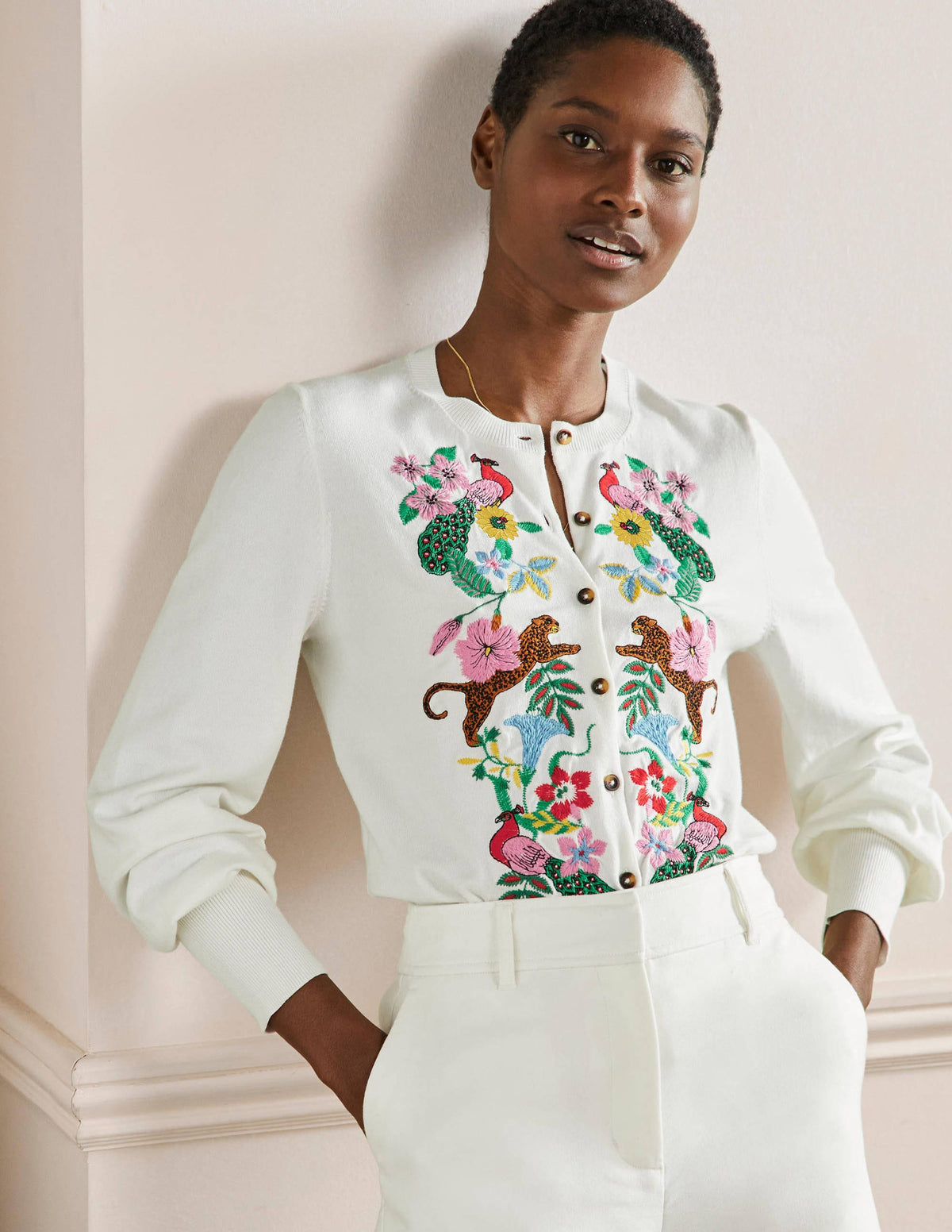 Embroidered Blouson Cardigan-Ivory-4