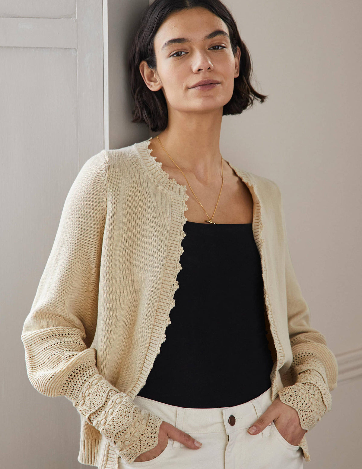 Sleeve Detail Knitted Cardigan-Oatmeal - Image 1