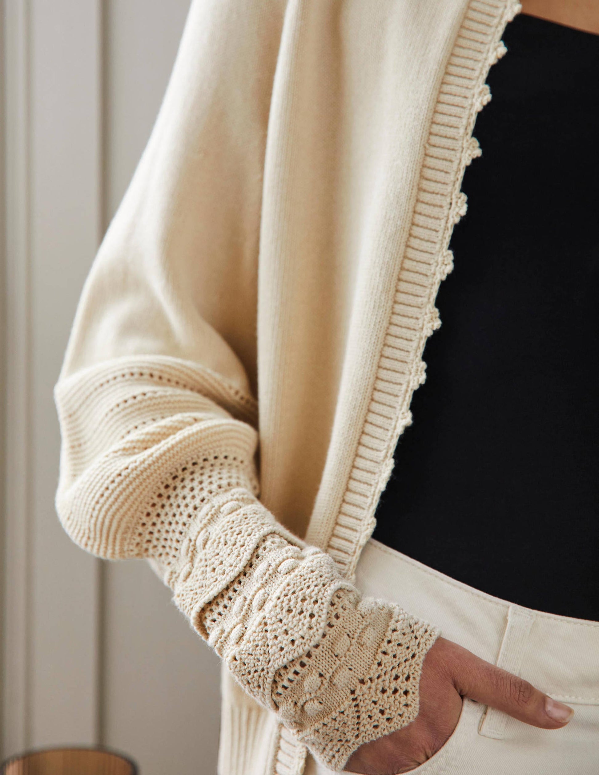 Sleeve Detail Knitted Cardigan-Oatmeal-2
