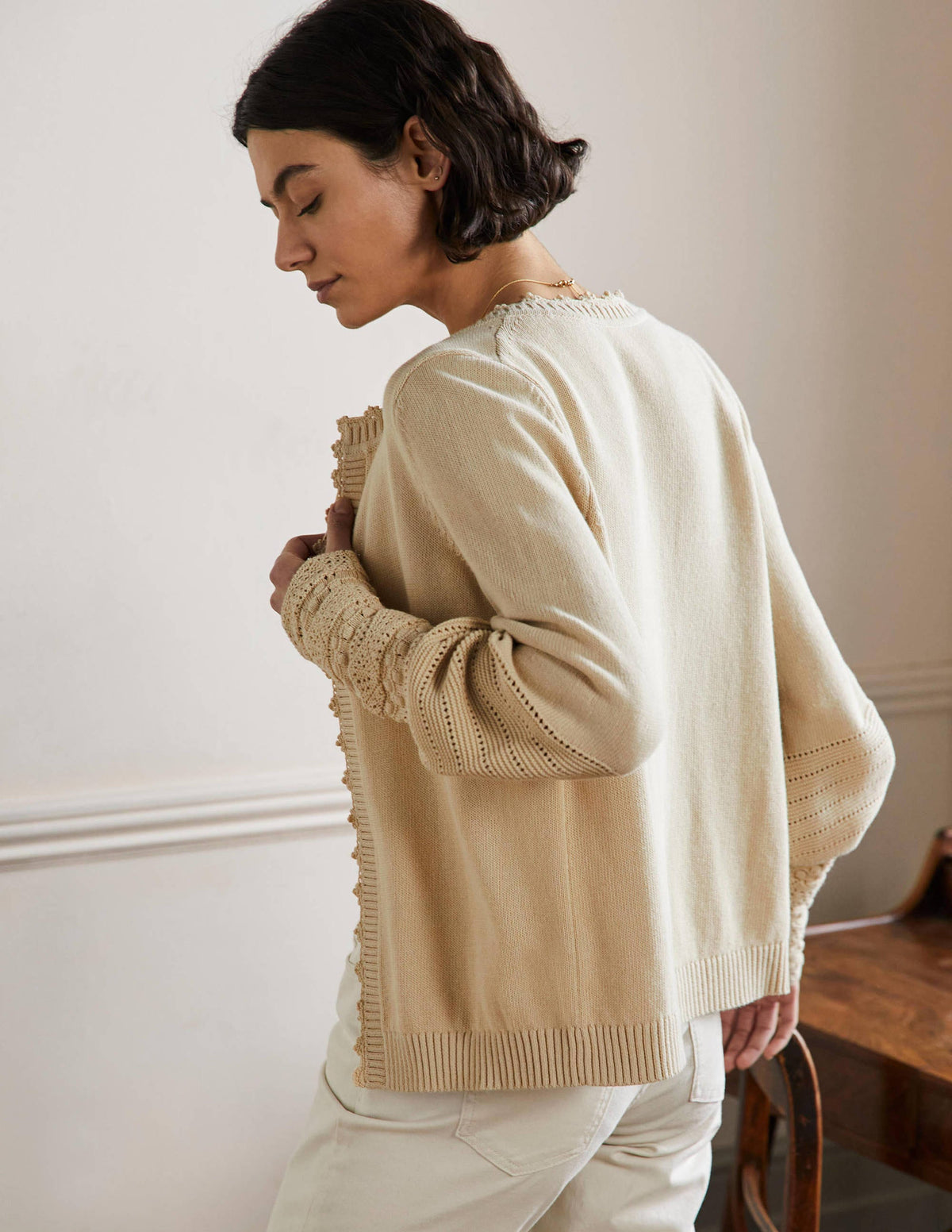 Sleeve Detail Knitted Cardigan-Oatmeal - Image 3