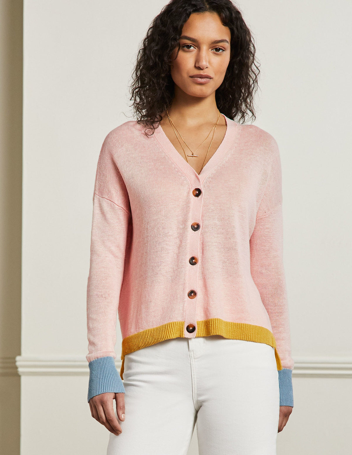 Colourblock Linen Cardigan-Milkshake Colourblock - Image 1