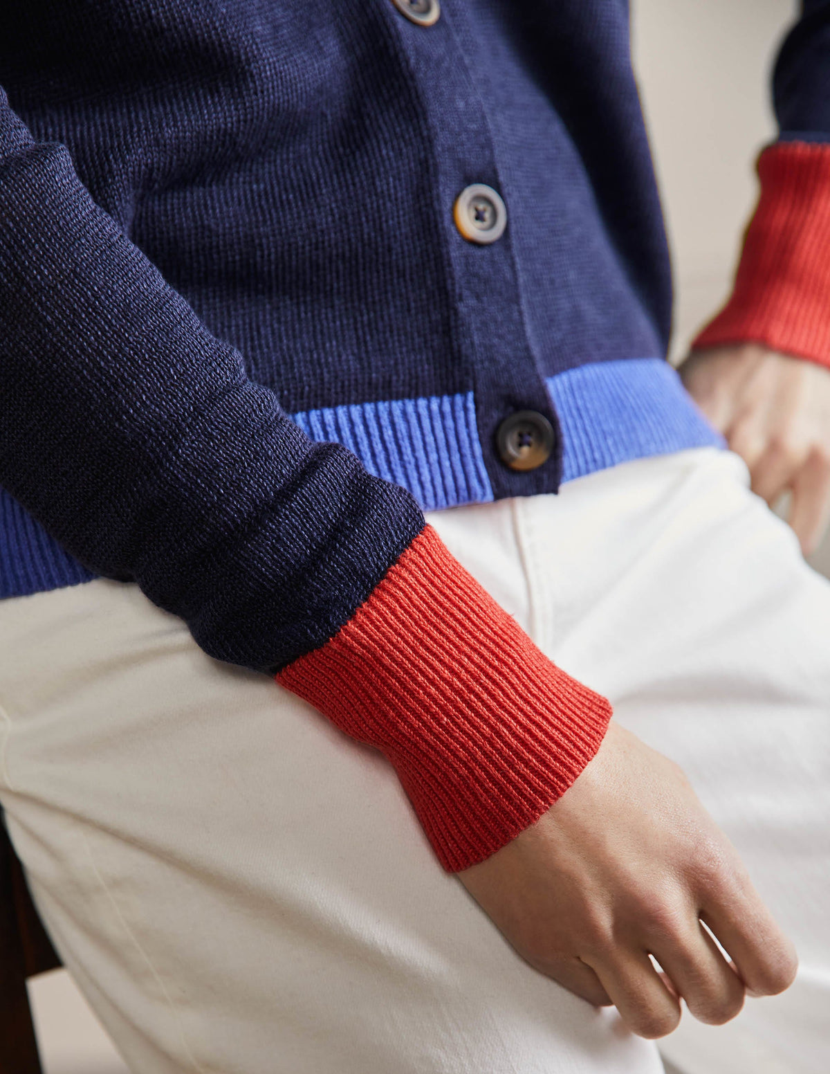 Colourblock Linen Cardigan-Navy Colourblock - Image 2