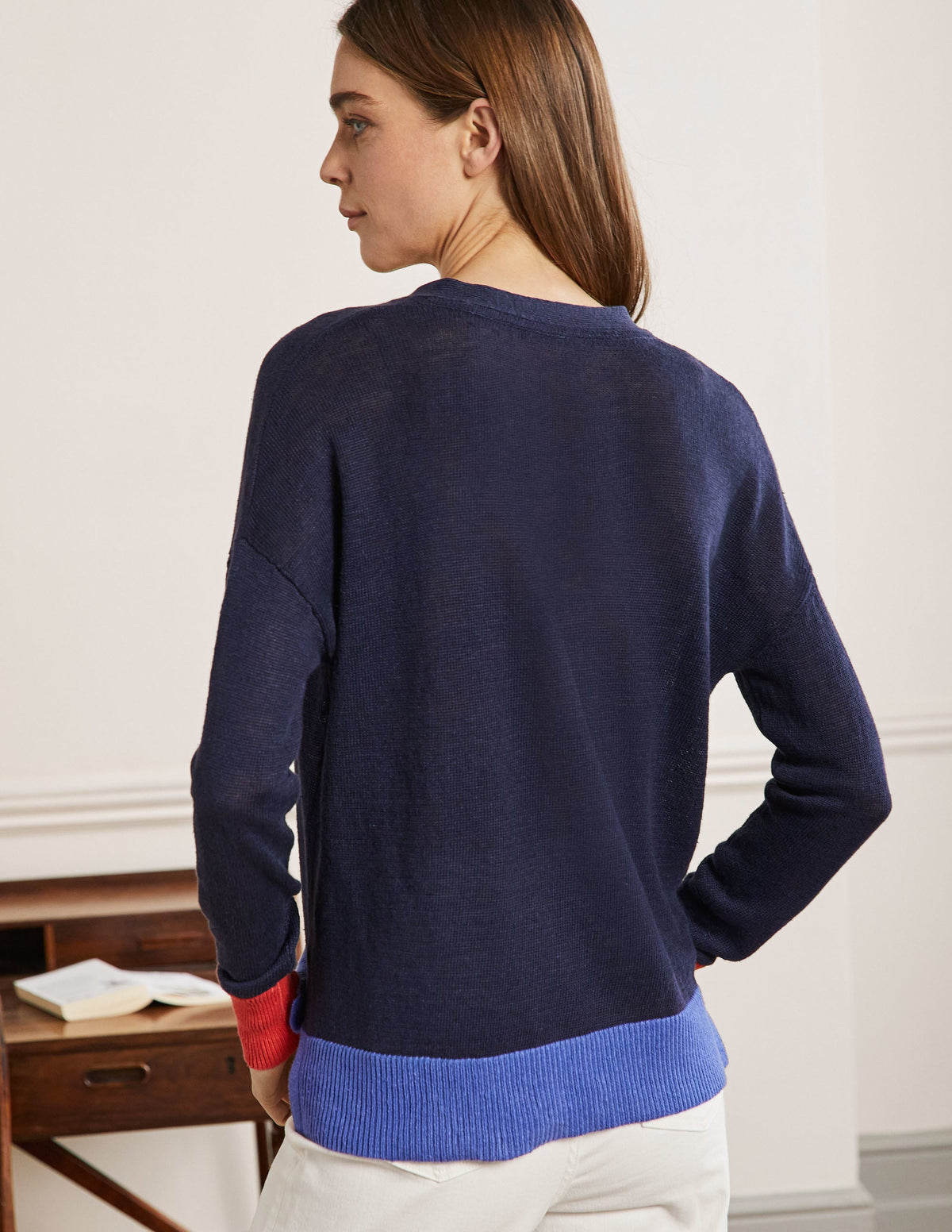 Colourblock Linen Cardigan-Navy Colourblock - Image 3