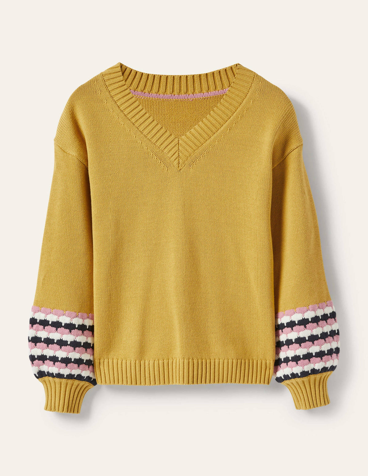 Stitch Cuff V-neck Sweater-Butter, Stripe-5
