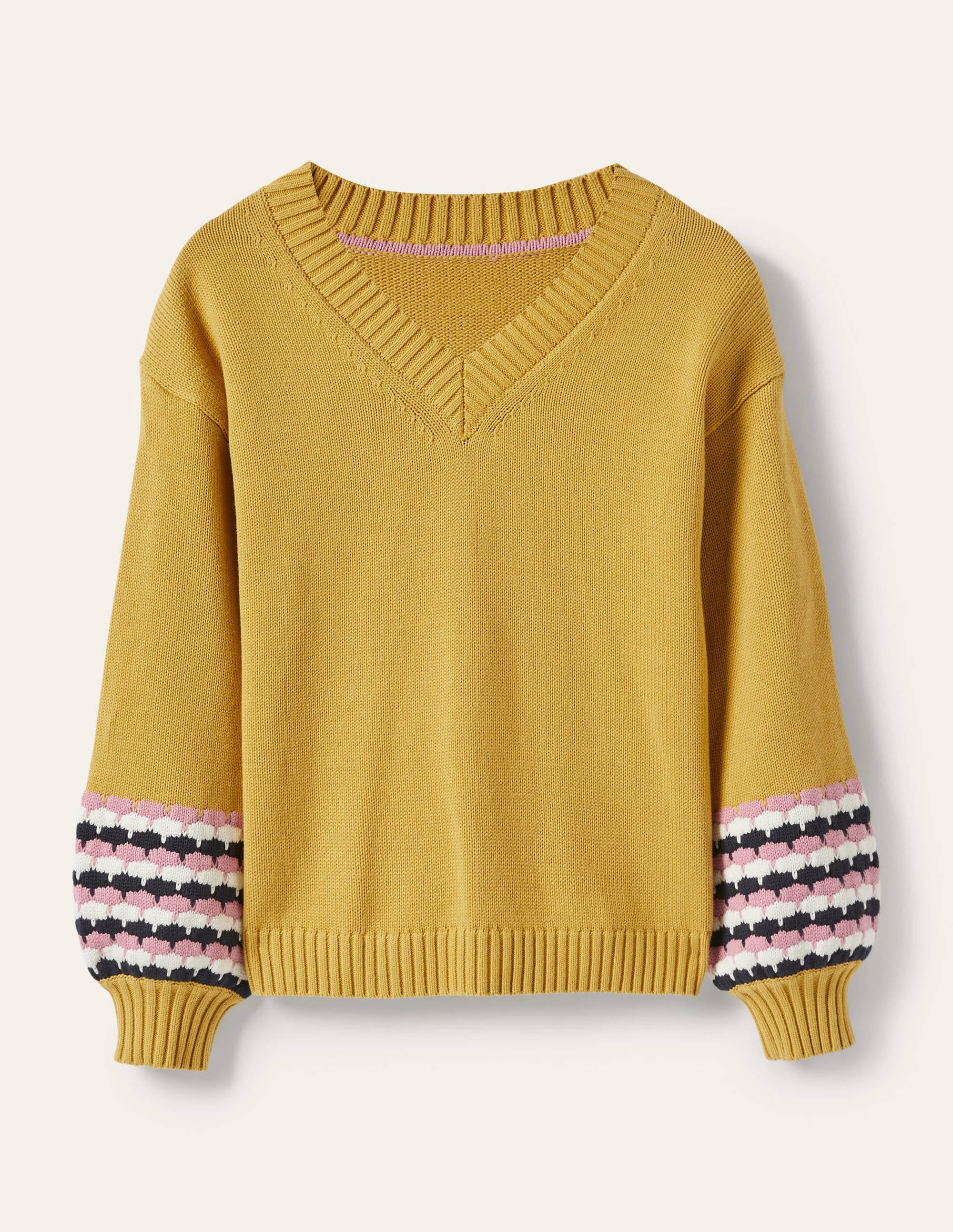 Stitch Cuff V-neck Sweater-Butter, Stripe - Image 5