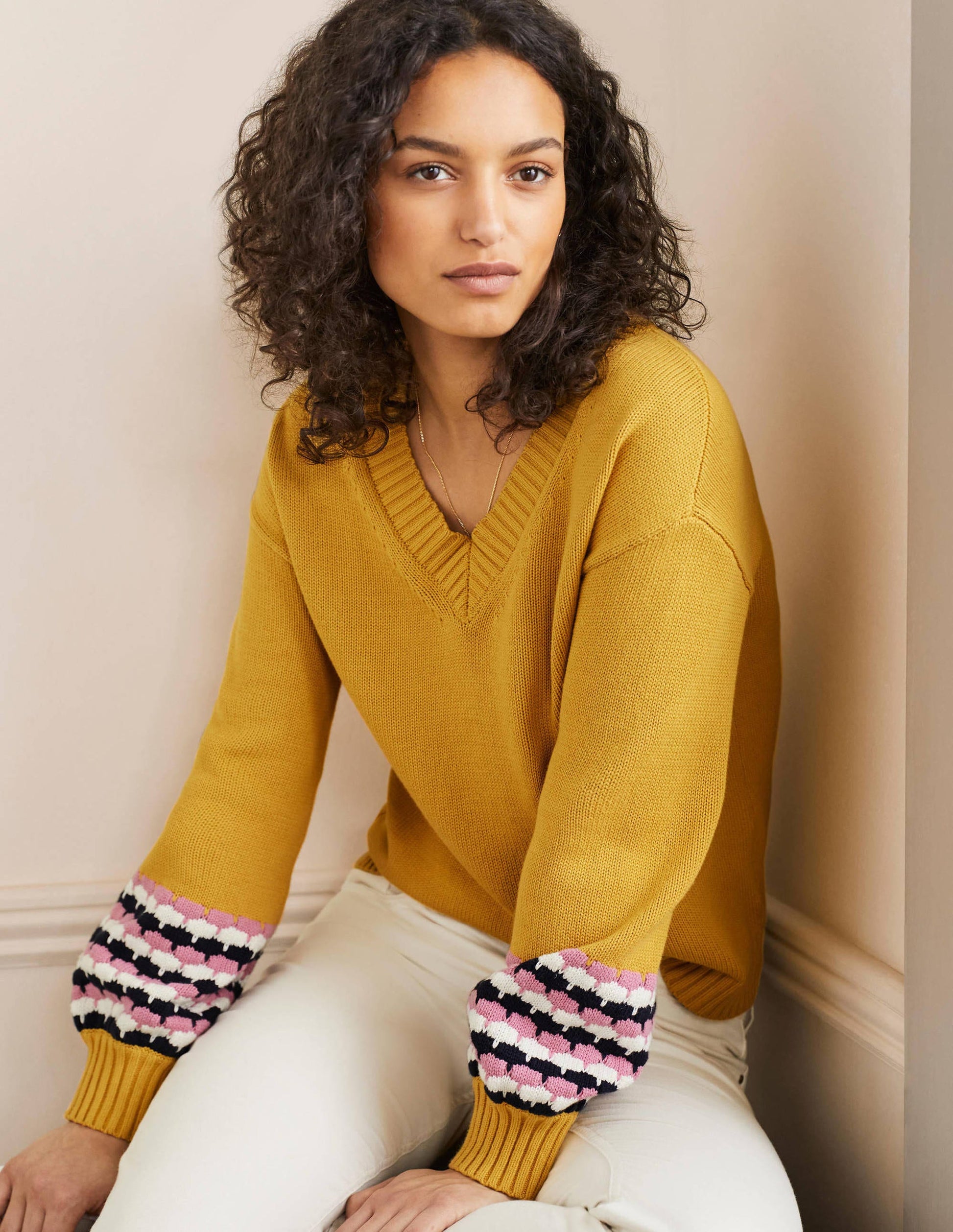 Stitch Cuff V-neck Sweater-Butter, Stripe-1