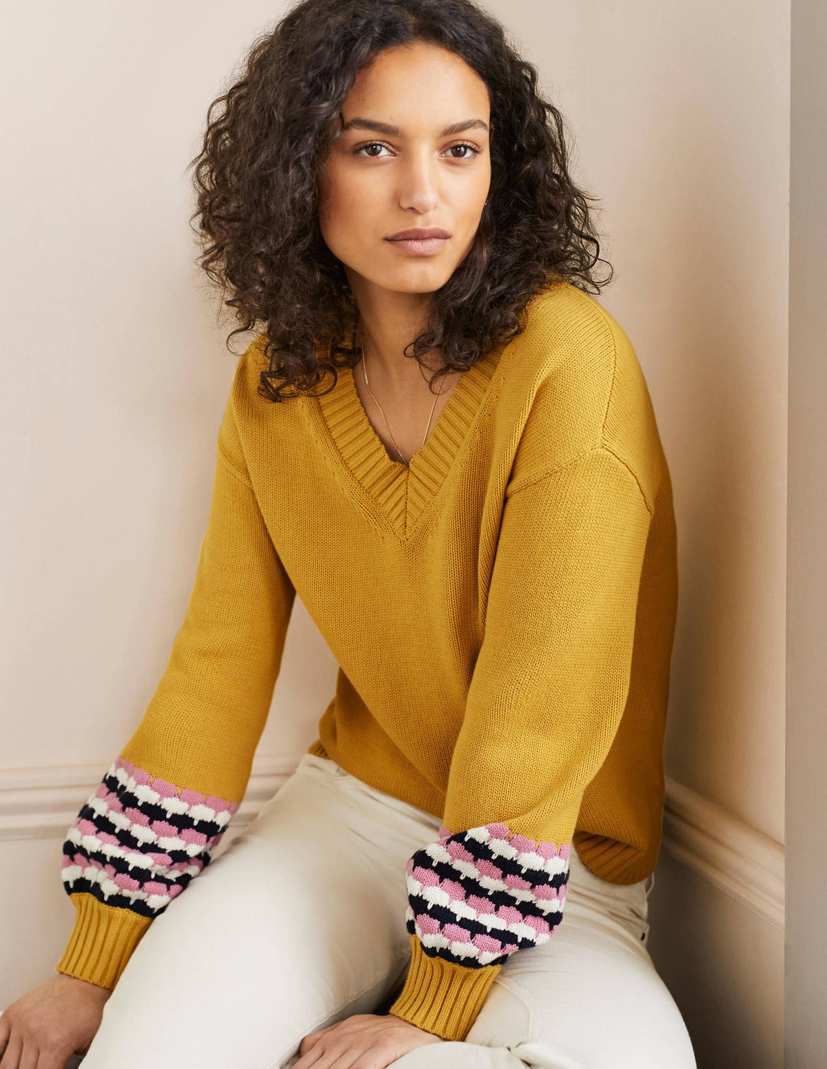 Stitch Cuff V-neck Sweater-Butter, Stripe - Image 1