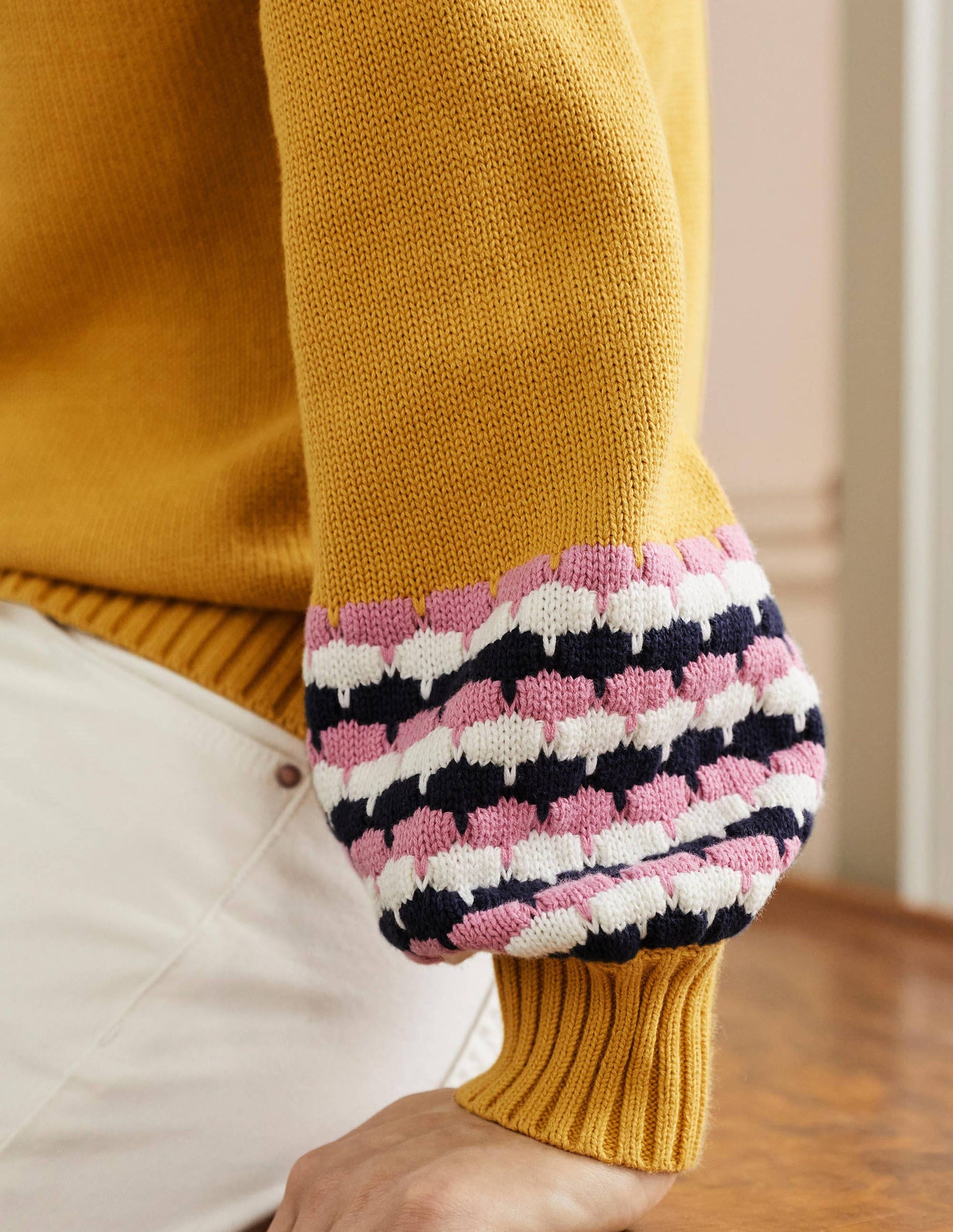 Stitch Cuff V-neck Sweater-Butter, Stripe-2
