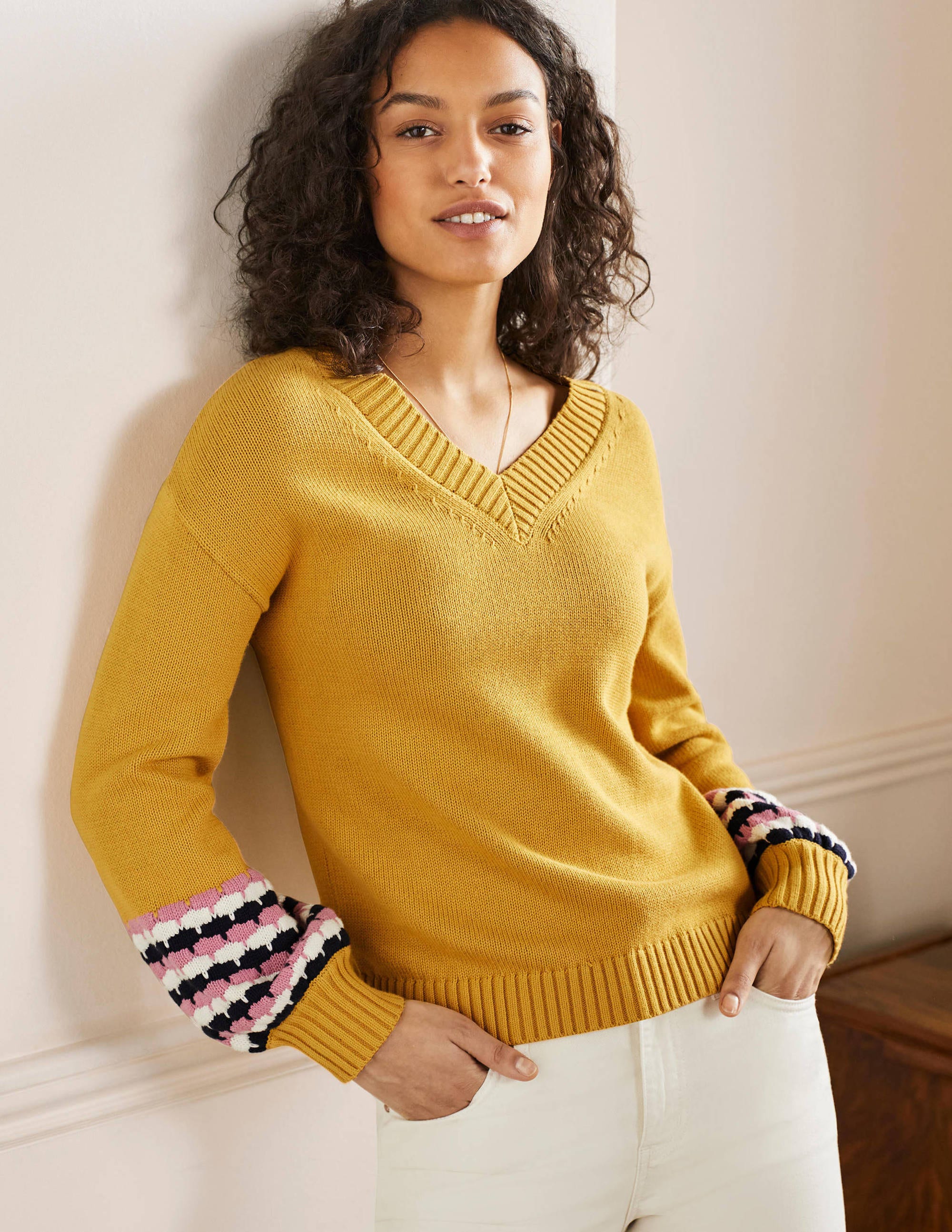 Stitch Cuff V-neck Sweater-Butter, Stripe - Image 4