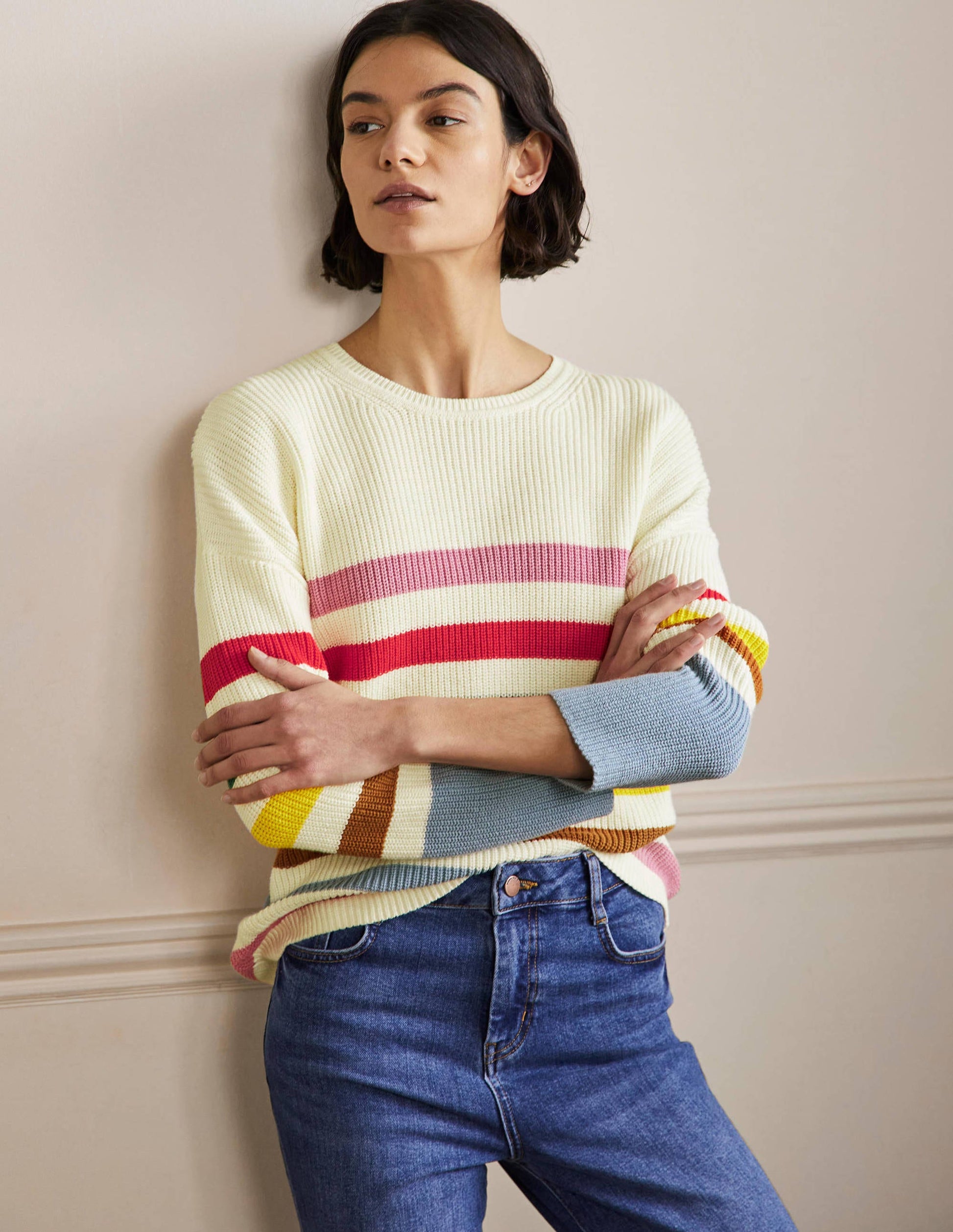 Striped Wide Sleeve Sweater-Ivory, Rainbow Stripe-1