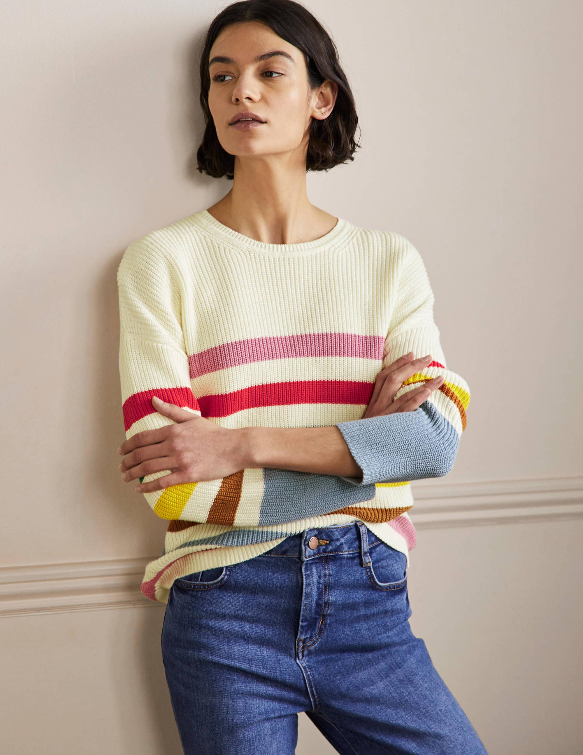 Striped Wide Sleeve Sweater-Ivory, Rainbow Stripe - Image 1