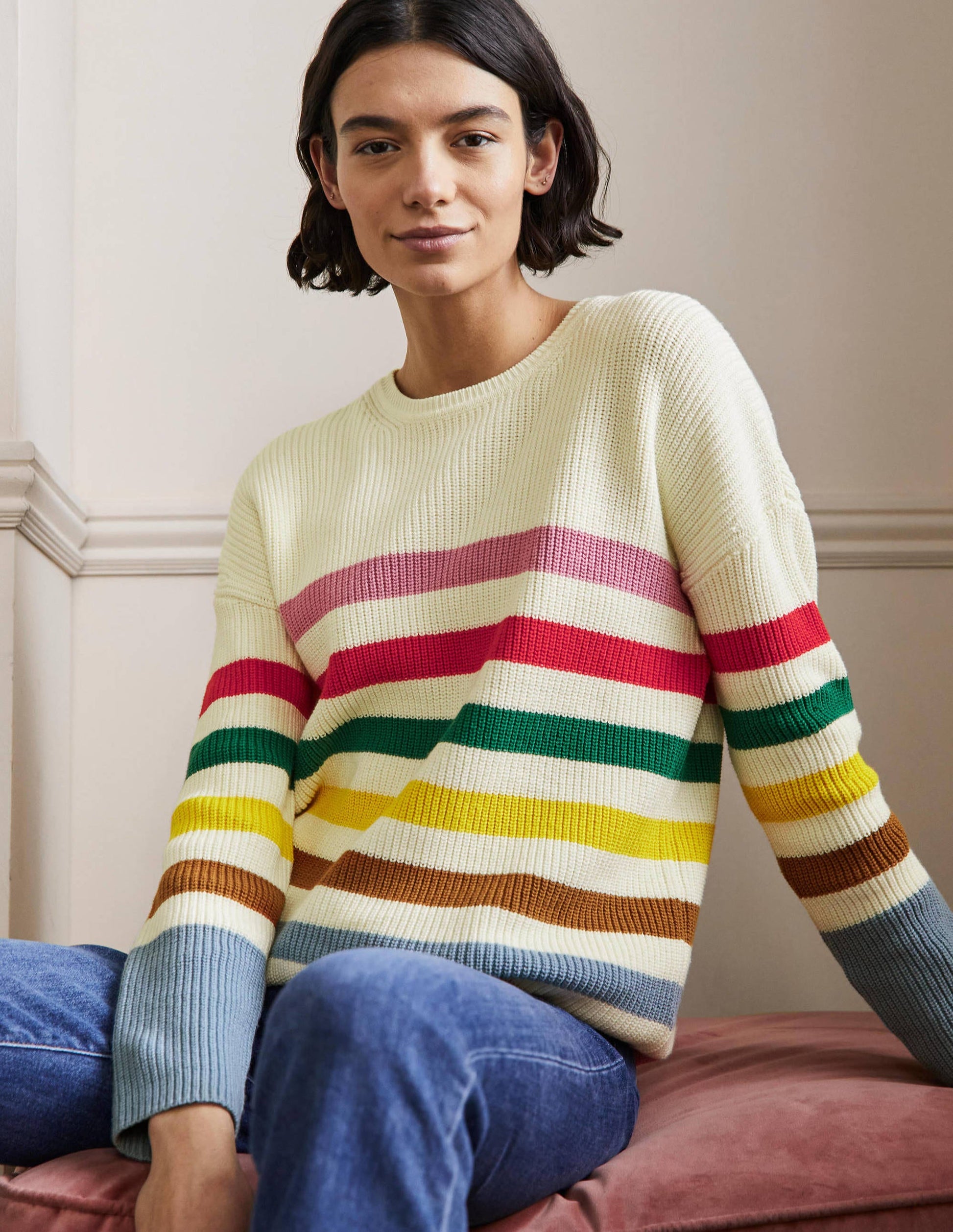 Striped Wide Sleeve Sweater-Ivory, Rainbow Stripe-4