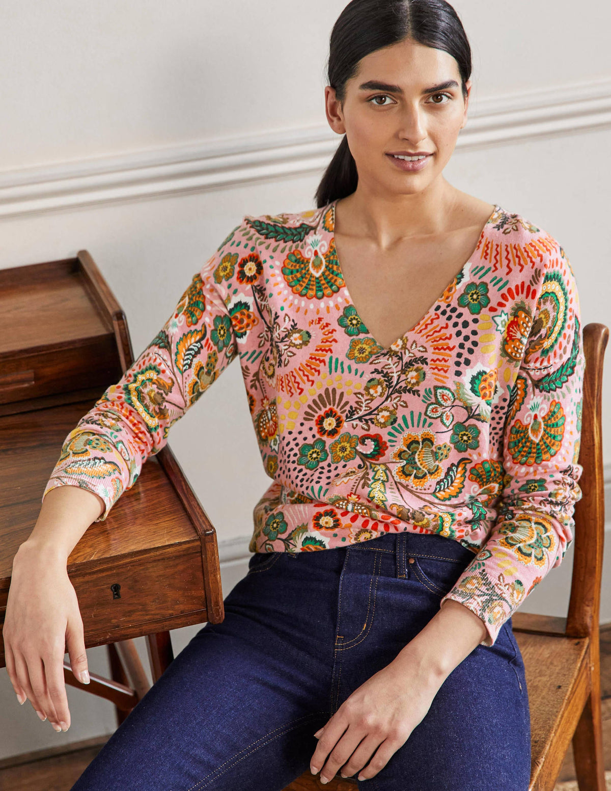 Relaxed Printed V-neck Sweater-Formica Pink, Meadow-1