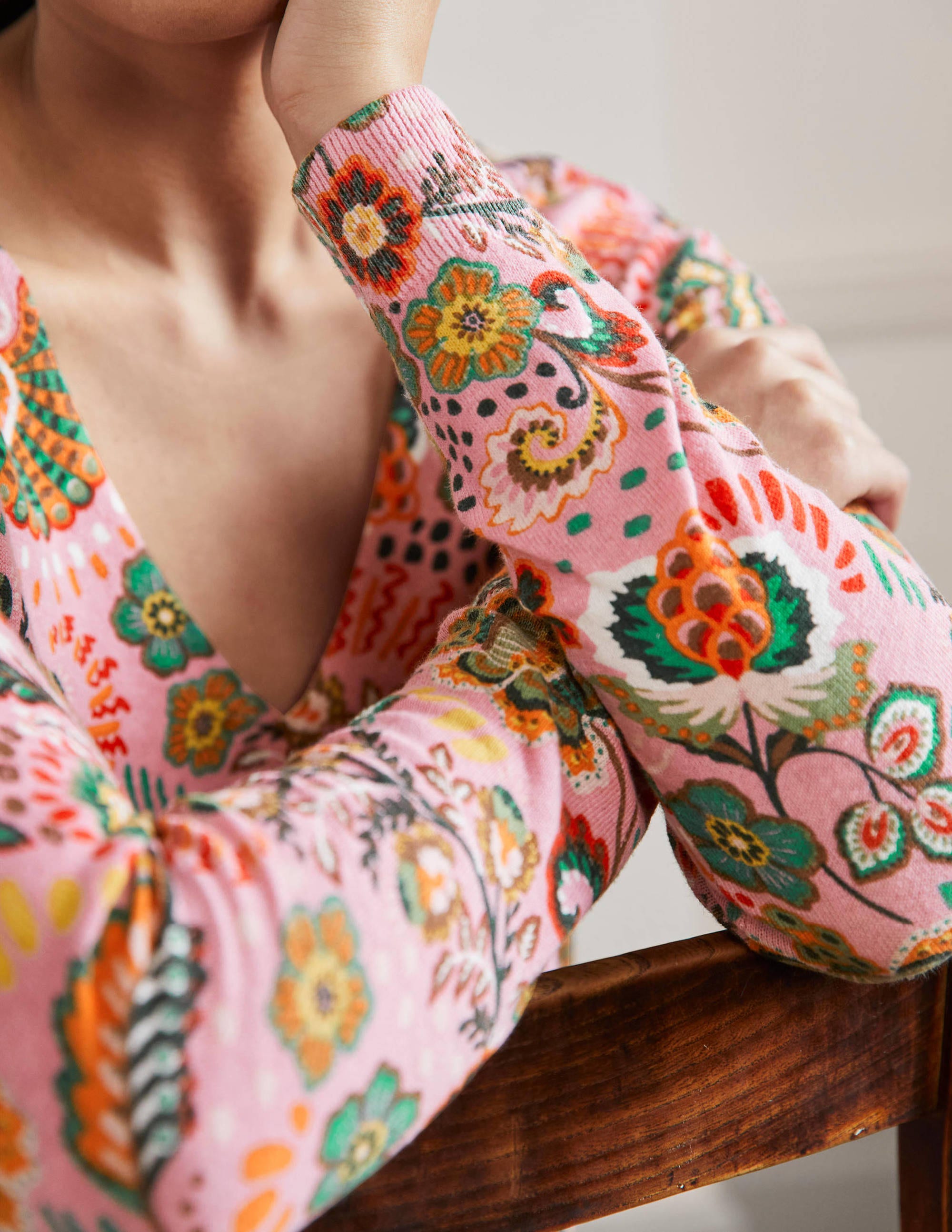Relaxed Printed V-neck Sweater-Formica Pink, Meadow - Image 2