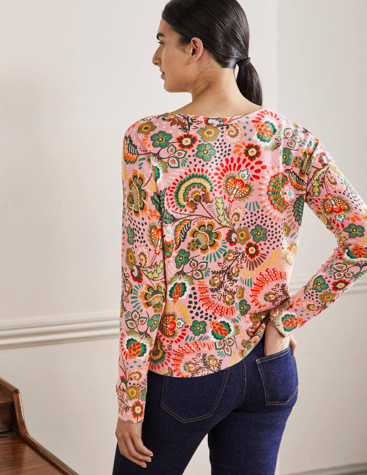 Relaxed Printed V-neck Sweater-Formica Pink, Meadow - Image 3
