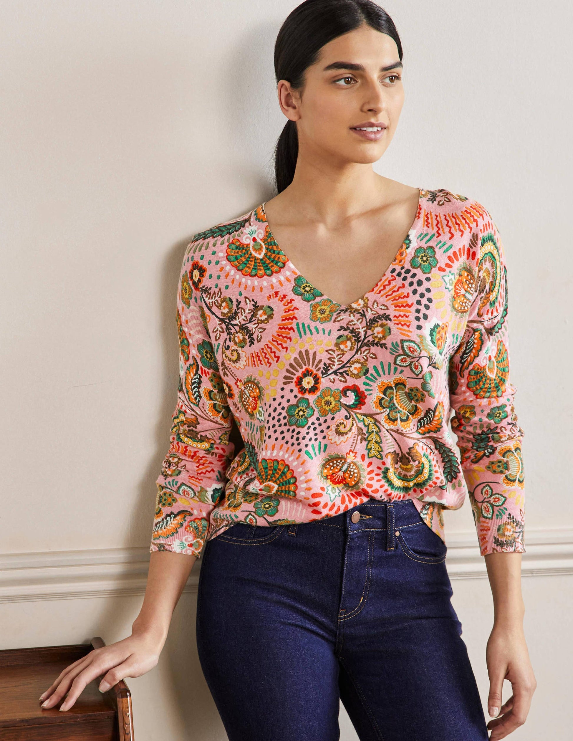 Relaxed Printed V-neck Sweater-Formica Pink, Meadow-4