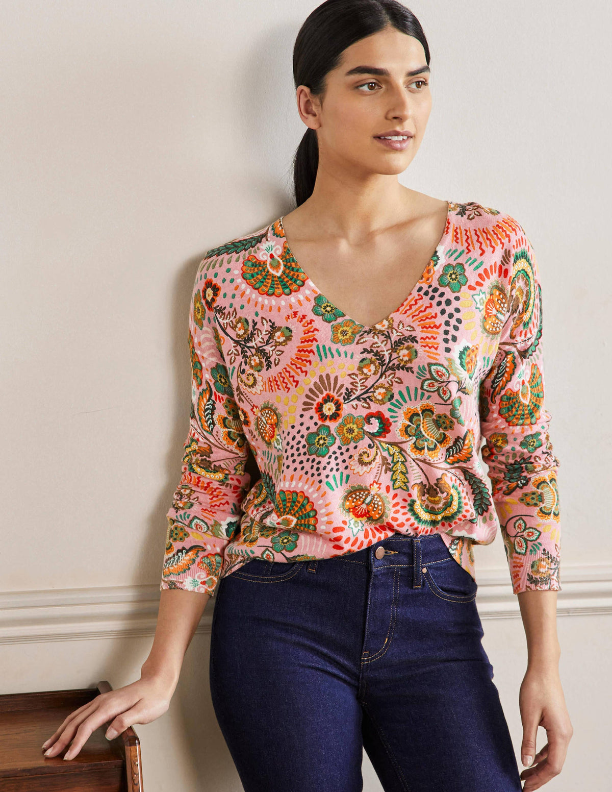 Relaxed Printed V-neck Sweater-Formica Pink, Meadow - Image 4