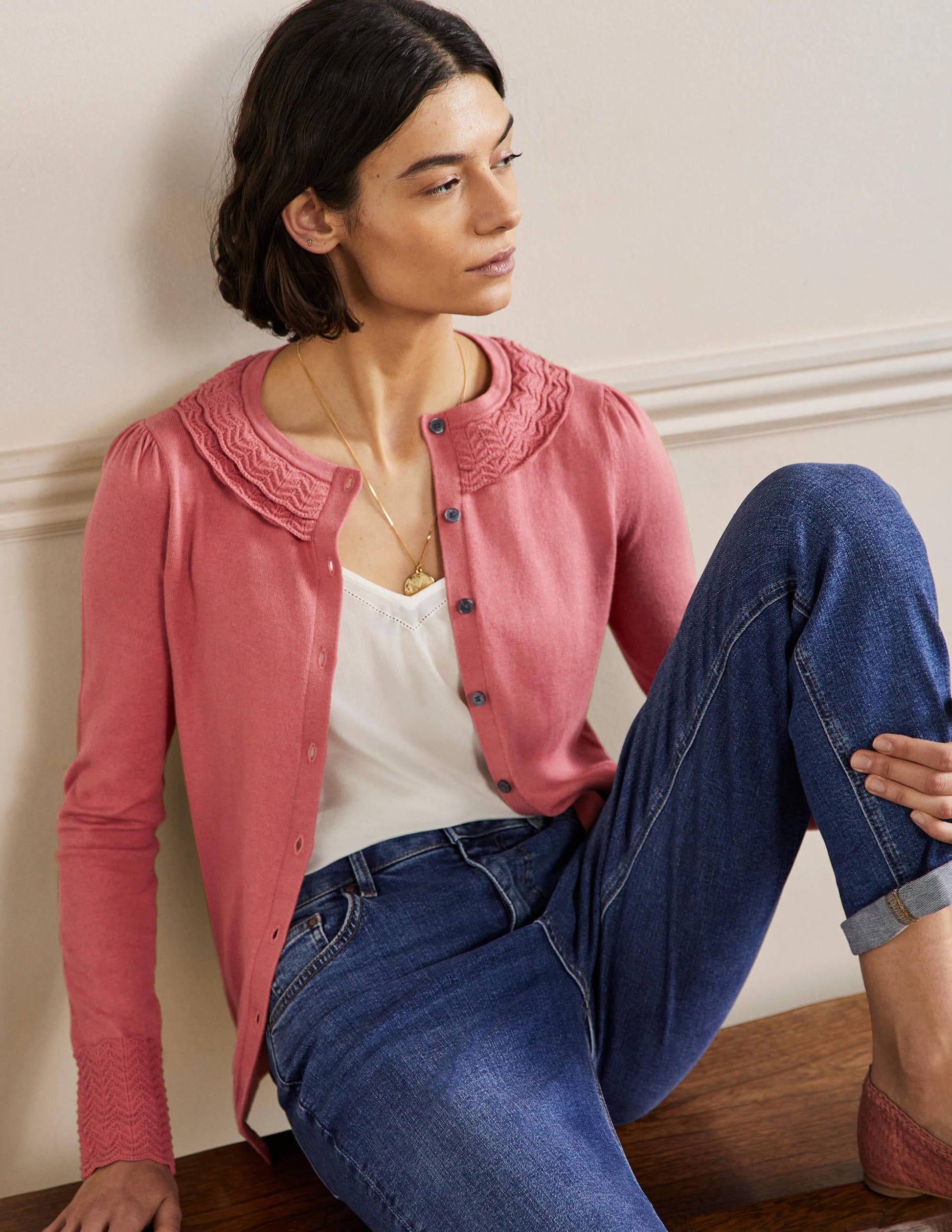 Collar Detail Cardigan-Dusty Red-1