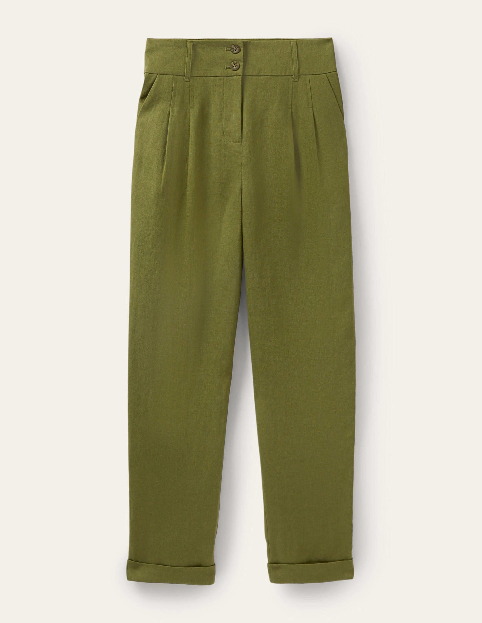 Pleated Turn Up Linen Pants-Pea Green-5
